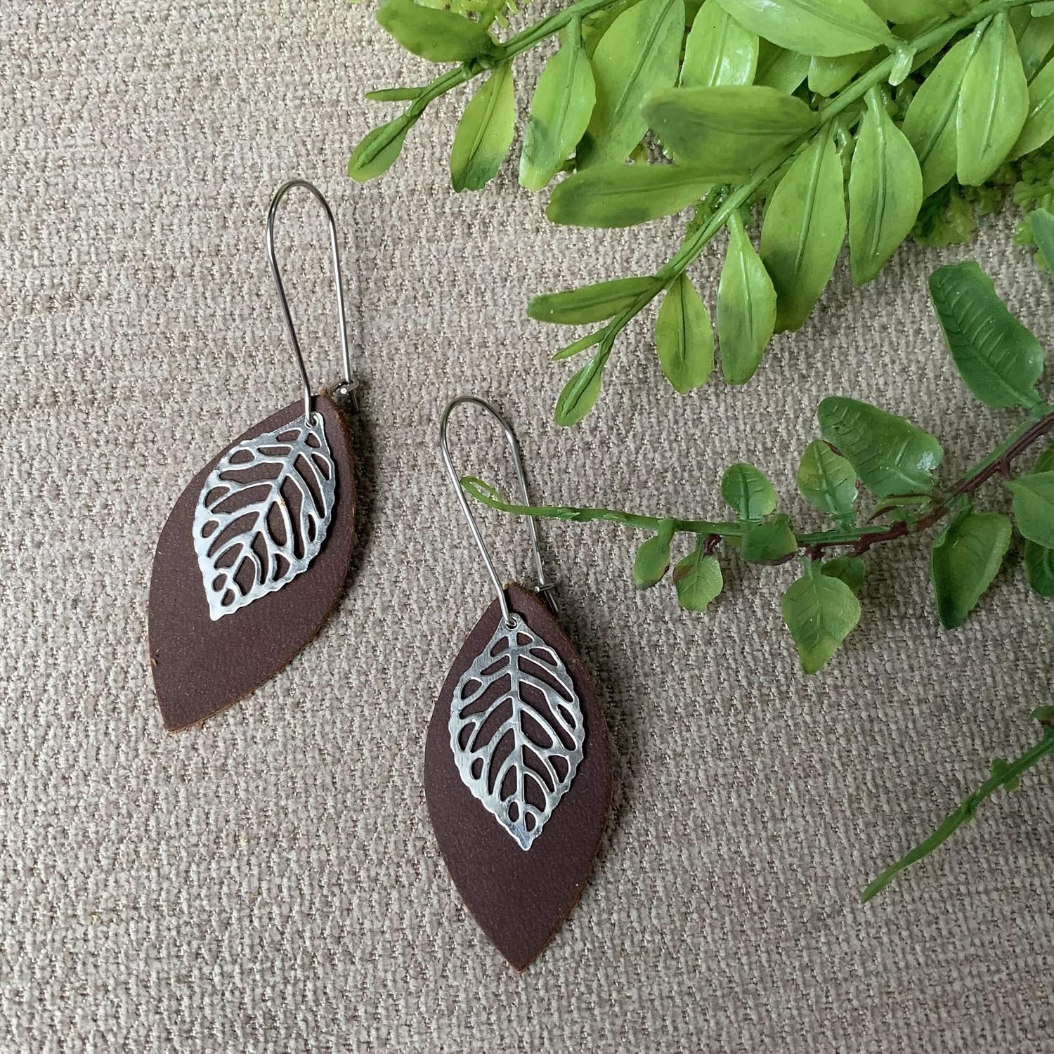Leather Leaf Earrings Rustic Brown Leather Petal with Metal Leaf Charm Small Lightweight Bohemian Dangles