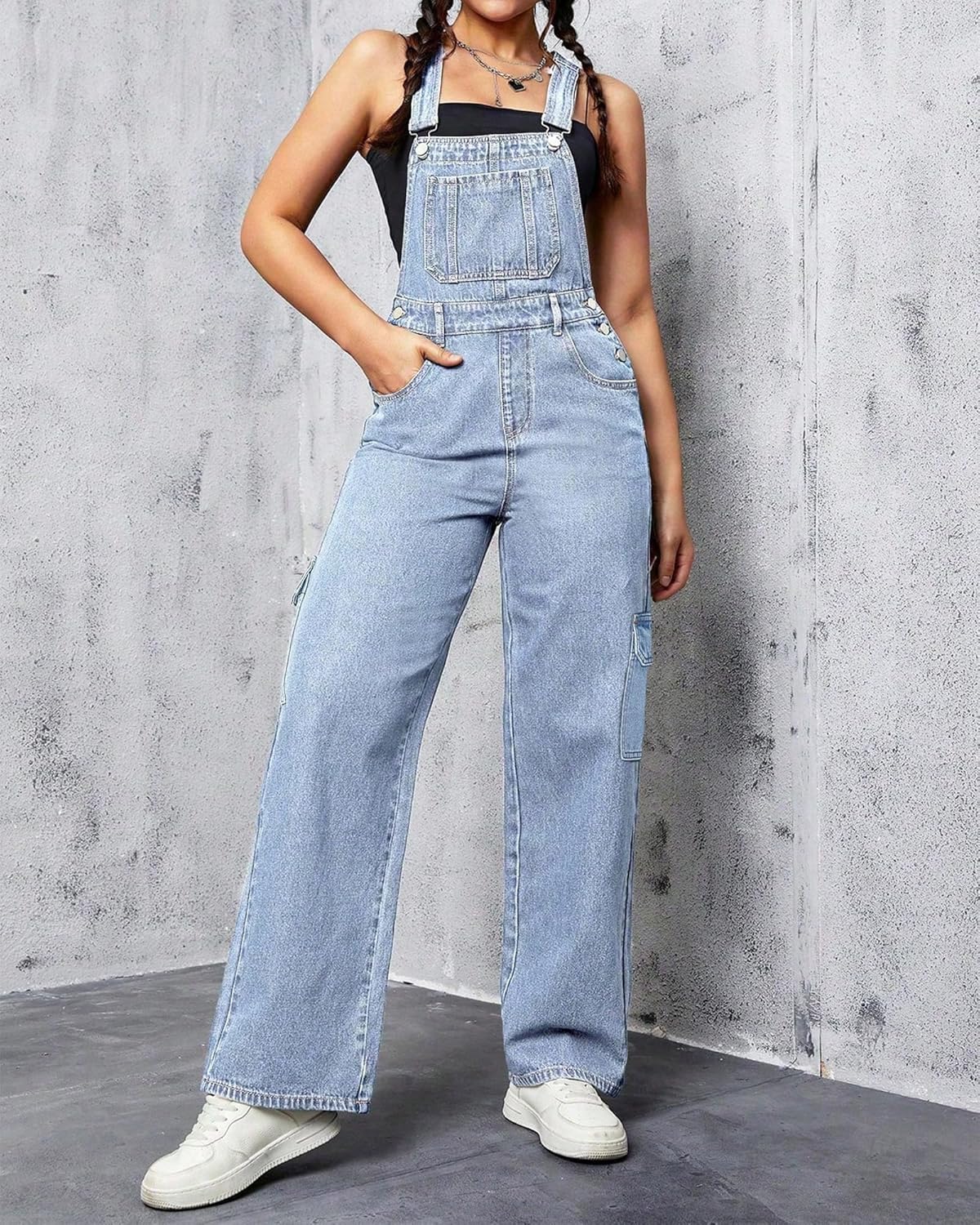 Womens Overalls Demin Wide Leg Cargo jumpsuit Loose Fit Bib Baggy Jean Overalls Adjustable Straps for Women. - Image 2