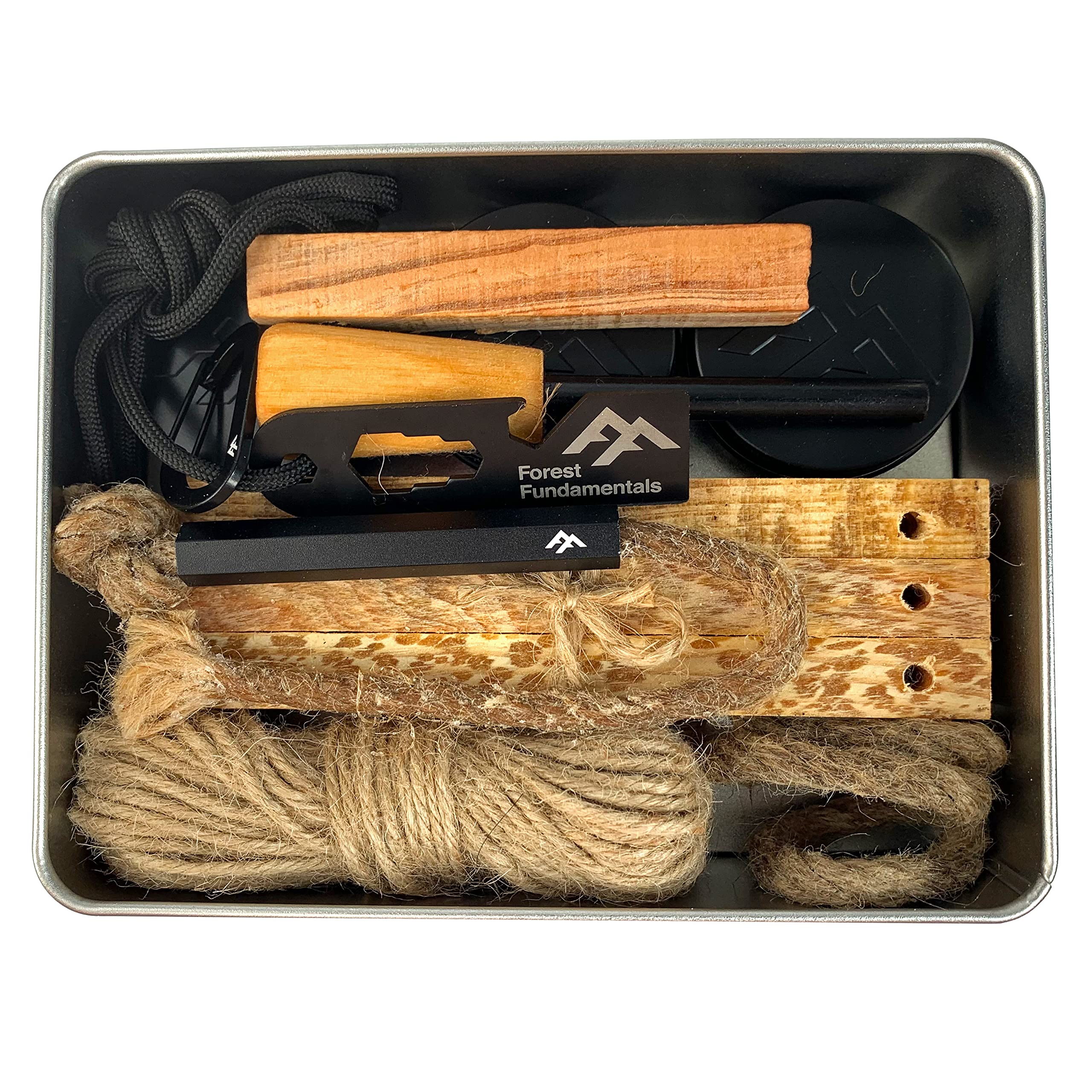 Forest Fundamentals Natural Traditional Fire Lighting Kit | Forest Fundamentals™ | Bushcraft Fire Kit Tin | Ferro Rod Fire Steel & Striker | Fire Tinder Selection