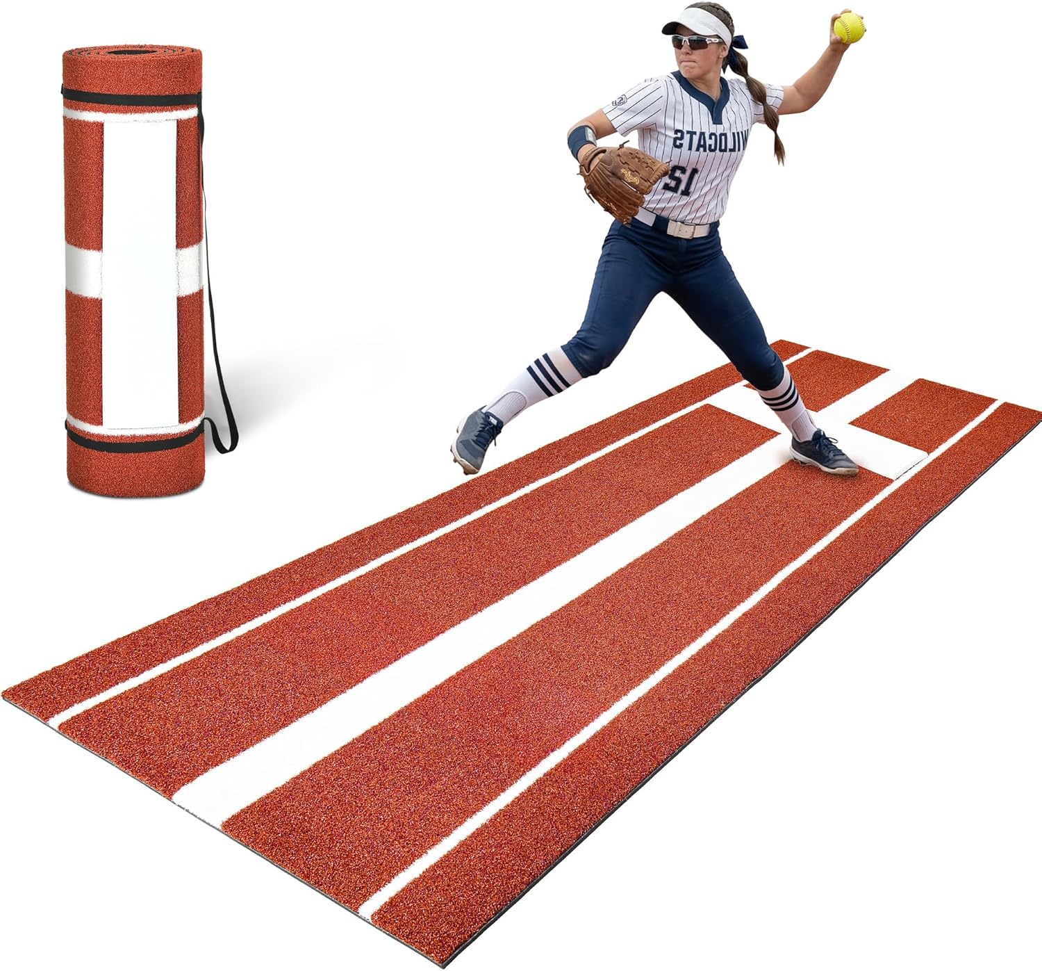 Softball Pitching Mat, 10 x 3 FT Baseball Training Mat with Soft Rubber Pitching Mound, Upgraded Anti-Slip Mat with Stitched Embroidery Turf for Indoor Outdoor