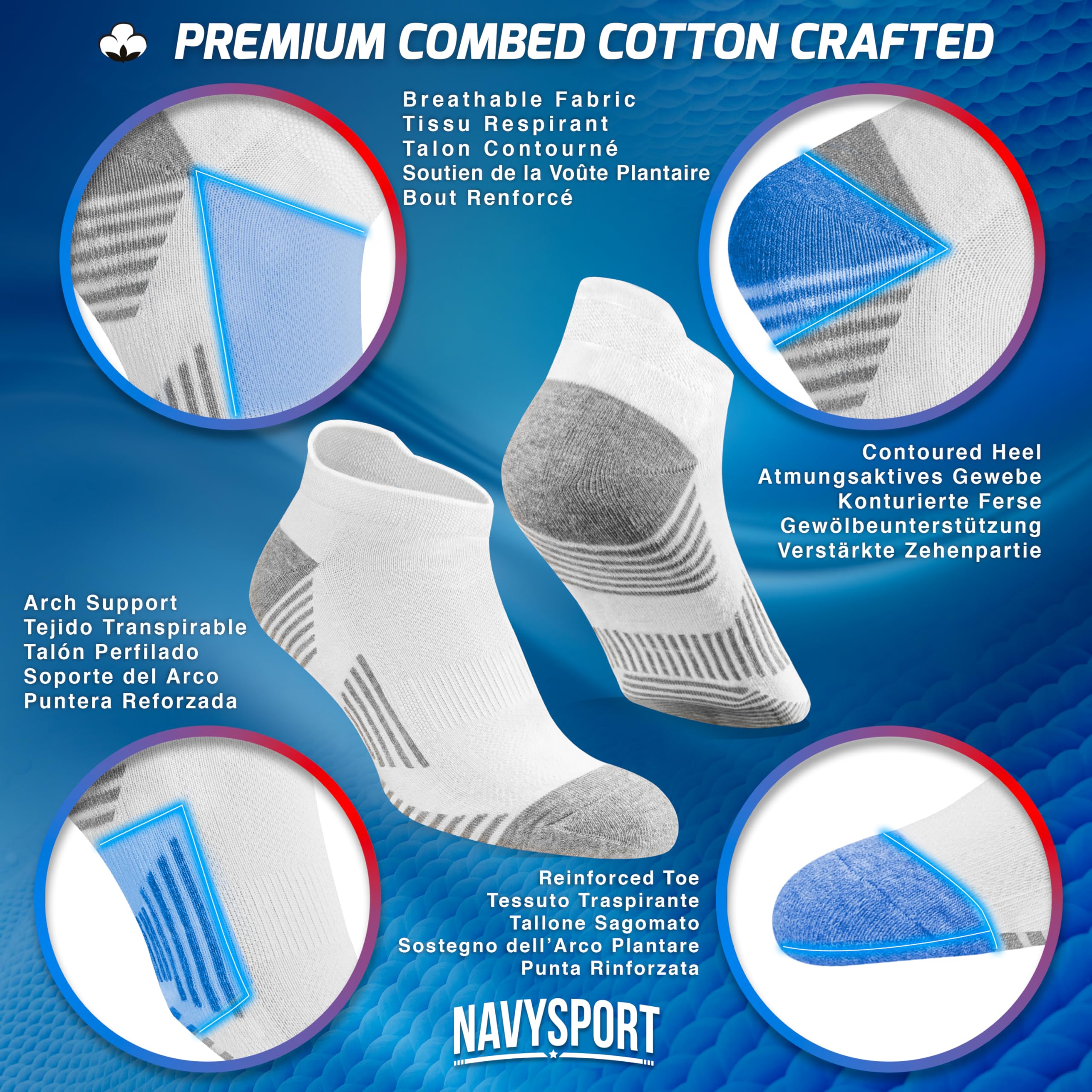 NAVYSPORT calzini sportivi da uomo in cotone, confezione da 6 paia