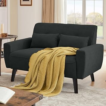 48 Loveseat Sofa, Mid Century Small Love Seat Couch, Modern 2 Seat Tufted Couches with Throw Pillows for Living Room, Apartment, Bedroom, Black
