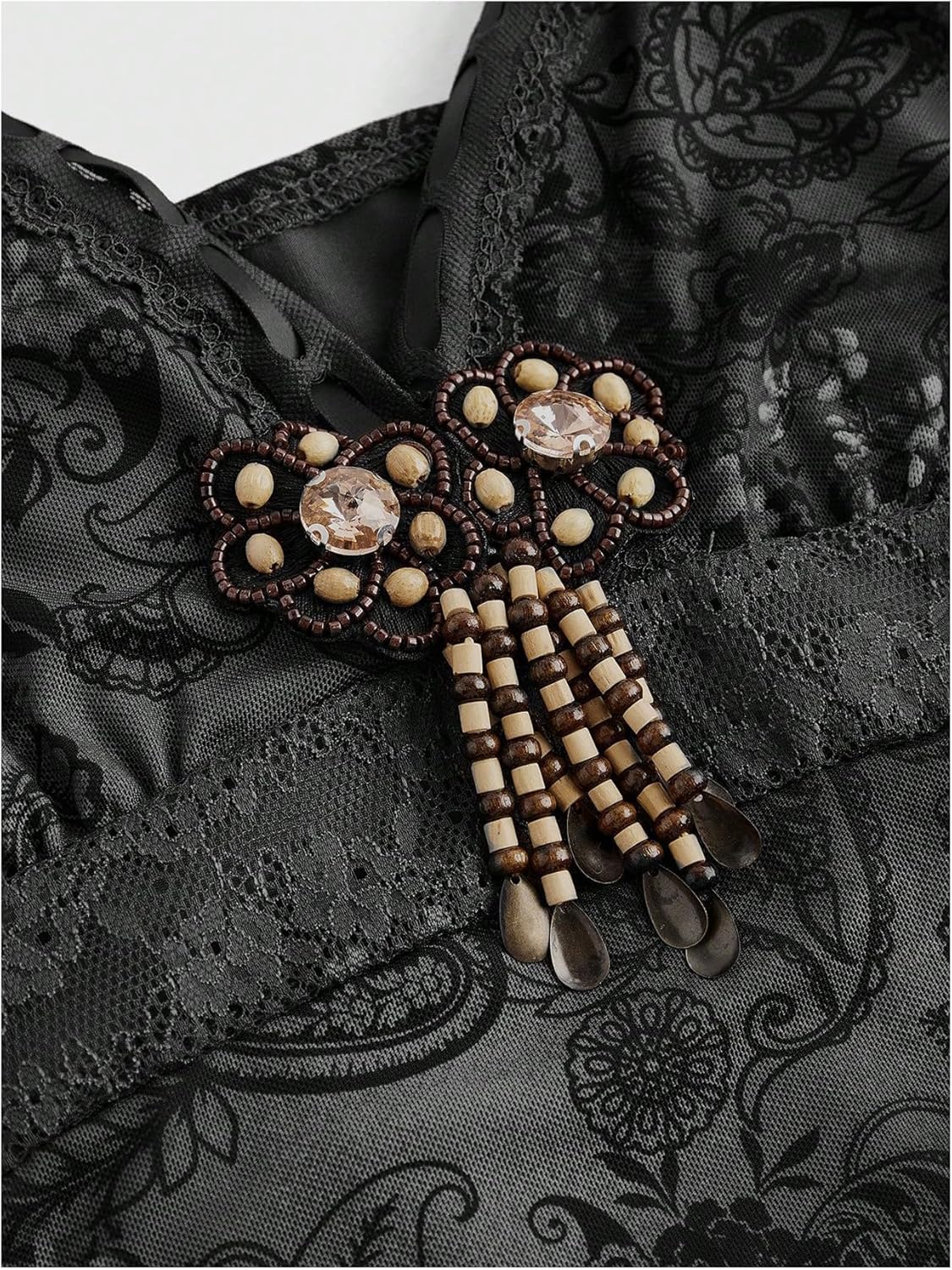 Verdusa Women's Y2k Outfits Gothic Dresses Vintage Boho Beaded Ruffle Lace Paisley Print Tiered Mini Summer Dress - Image 6