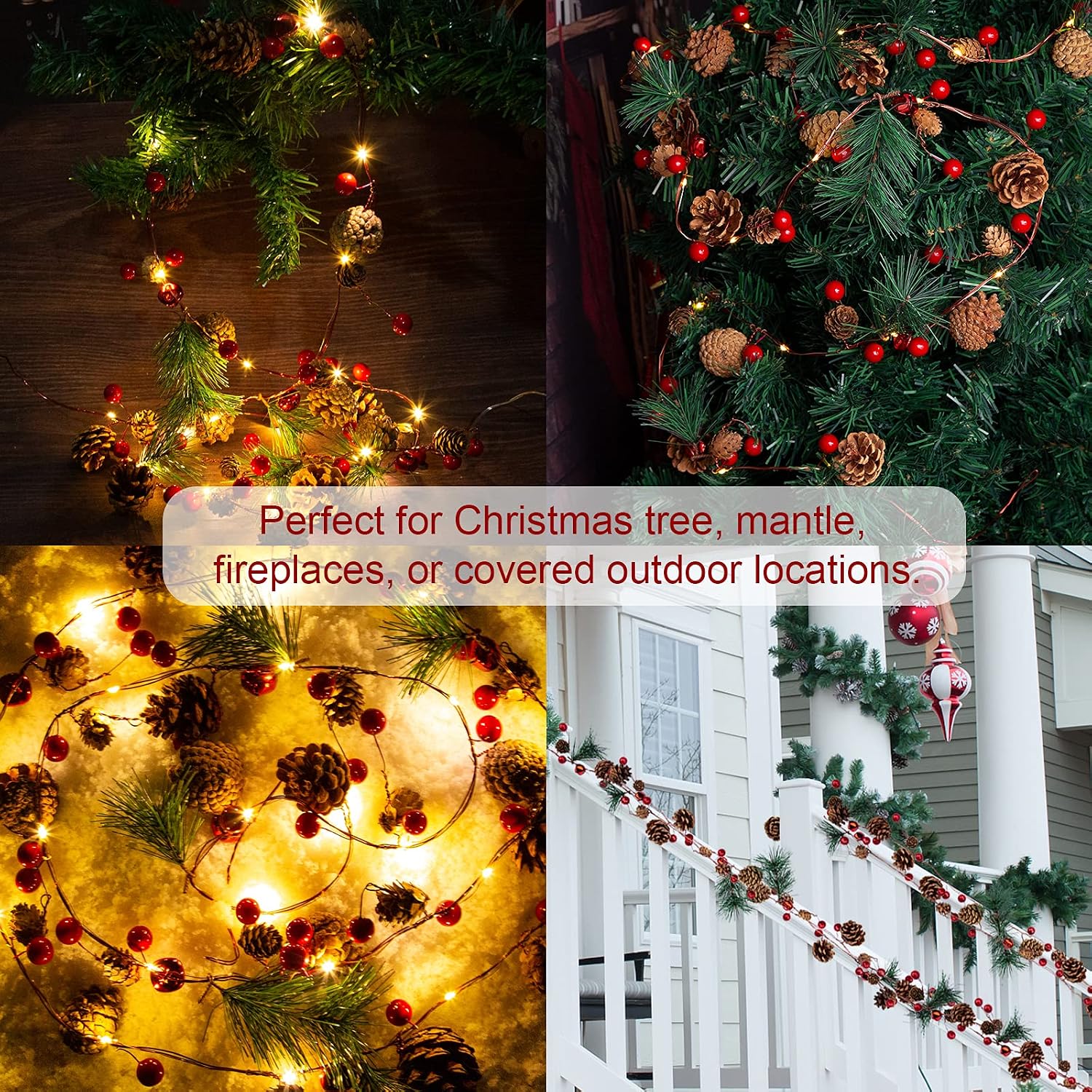 Artificial Christmas Garland with Lights - Battery Operated 6.56FT Prelit Garland with 20 LED Lights, Red Berries, Pine Cones, Pine Needles Decor for Xmas Tree Thanksgiving Home Fireplace Party