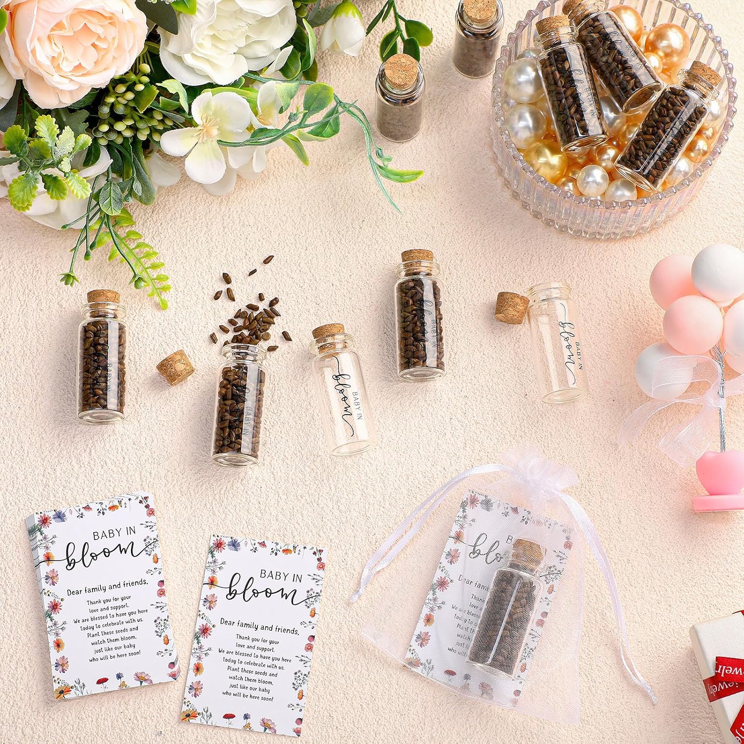 Liliful 25 Set Baby in Bloom Baby Shower Party Favors for Guests Seed Organizer Glass Bottles with Cork Stopper Thank You Cards and Organza Bags Wildflower Floral Gender Reveal Supplies, No Seed