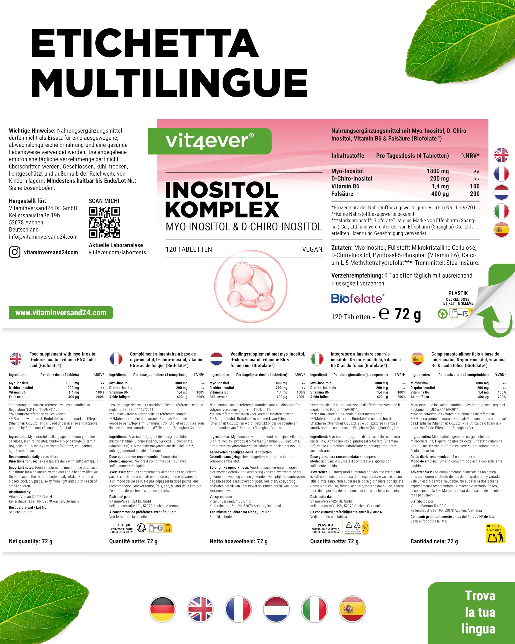 INOSITOL COMPLETO - 2000 mg di Mio & D-Chiro-Inositolo - con Vitamina B6 & Folato - per donne che desiderano avere figli - contribuisce alla normale fertilità & attività ormonale - 120 compresse