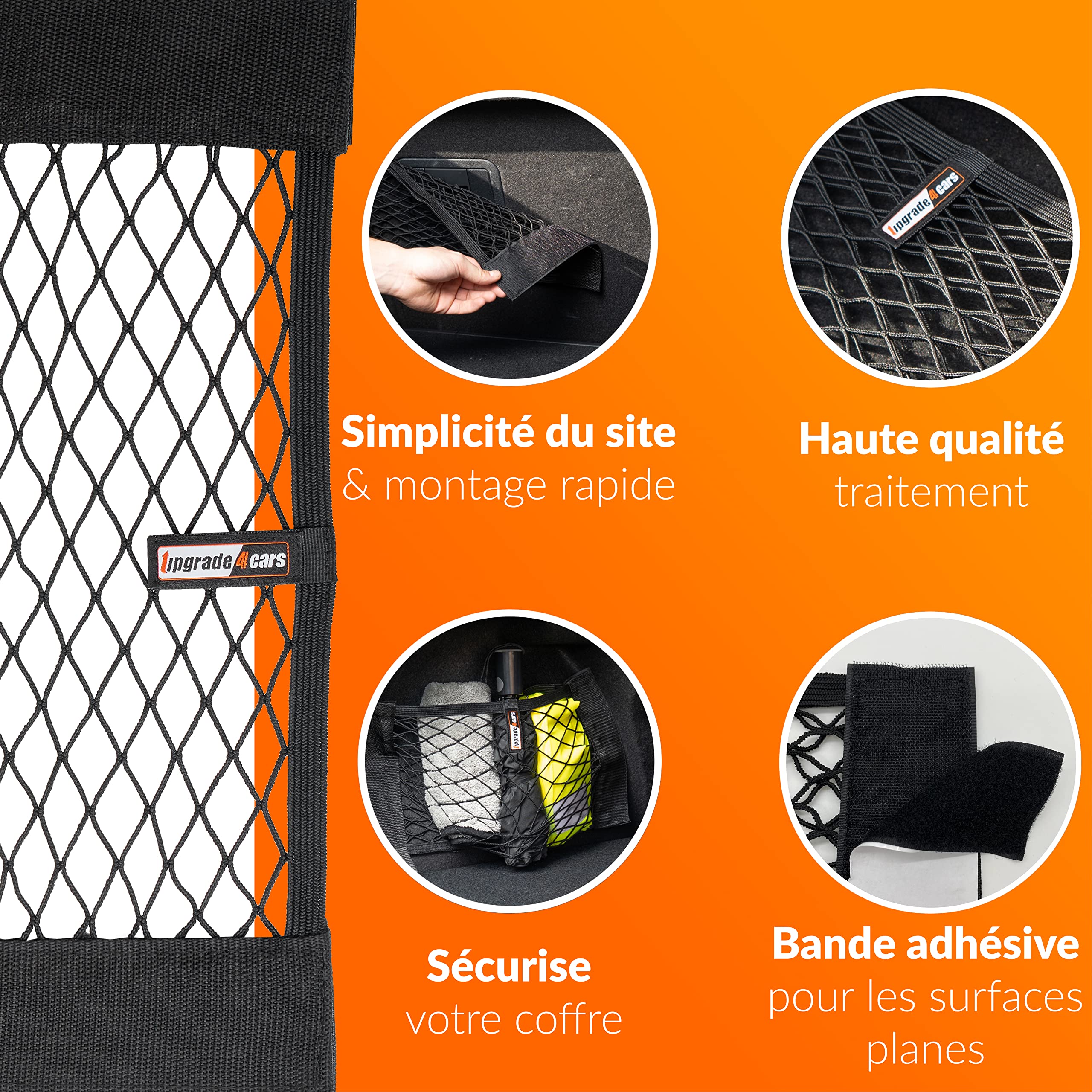 Upgrade4cars Filet Coffre de Voiture | 4 Filets élastique de Rangement Universel 40 x 25 cm | Accessoires Intérieur Gadget