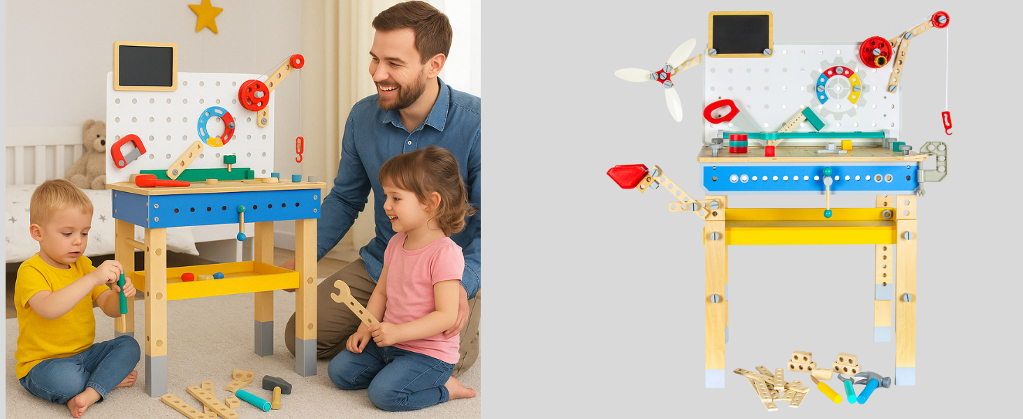 Banco da Lavoro Giocattolo per Bambini 62 Pezzi, Banco da Lavoro in Legno 398 x 340 x 690 mm per Bambini 3 Anni in Su, Set di Giocattoli da Costruzione Giocattolo