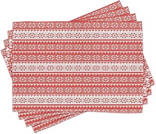Ambesonne Nordic Place Mats Set of 8, Norwegian Swedish Traditional Motifs Stitch Needlework Pattern Vintage Image, Washable Fabric Placemats for Dining Table, Placemat 8 pcs, White Vermilion