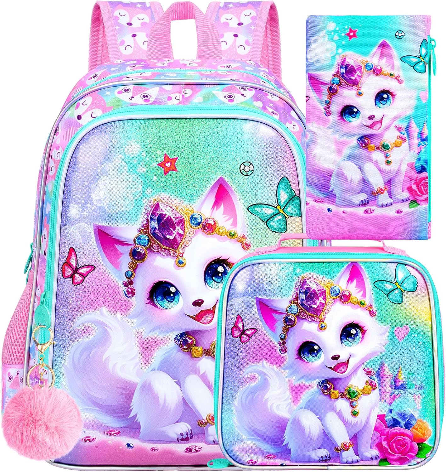 ZLYERT 16" Fox Backpack for Girls, 3Pcs Kids Bookbag for Elementary Preschool Kindergarten, School Backpacks with Lunch Box(Pink)