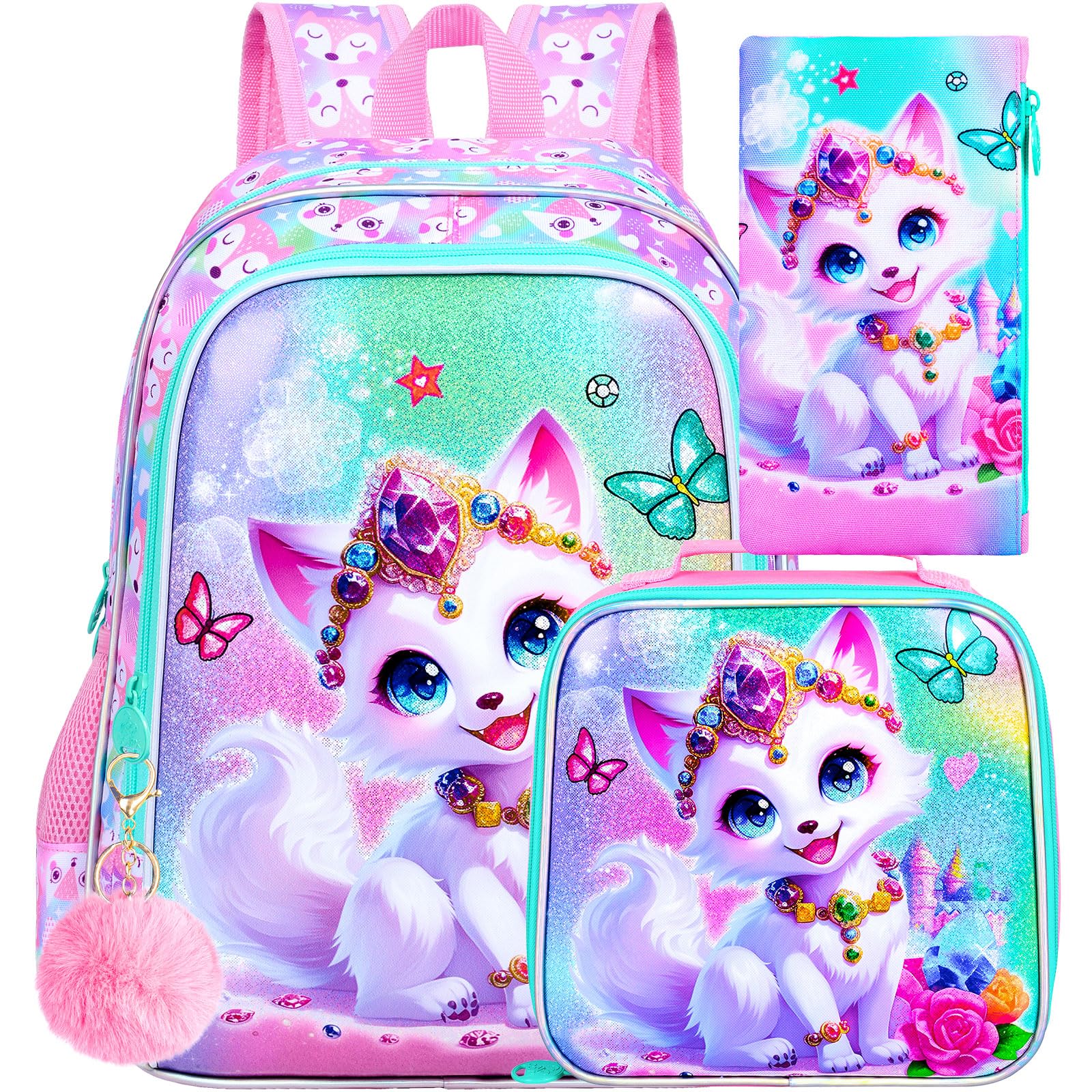 ZLYERT 16" Fox Backpack for Girls, 3Pcs Kids Bookbag for Elementary Preschool Kindergarten, School Backpacks with Lunch Box(Pink)