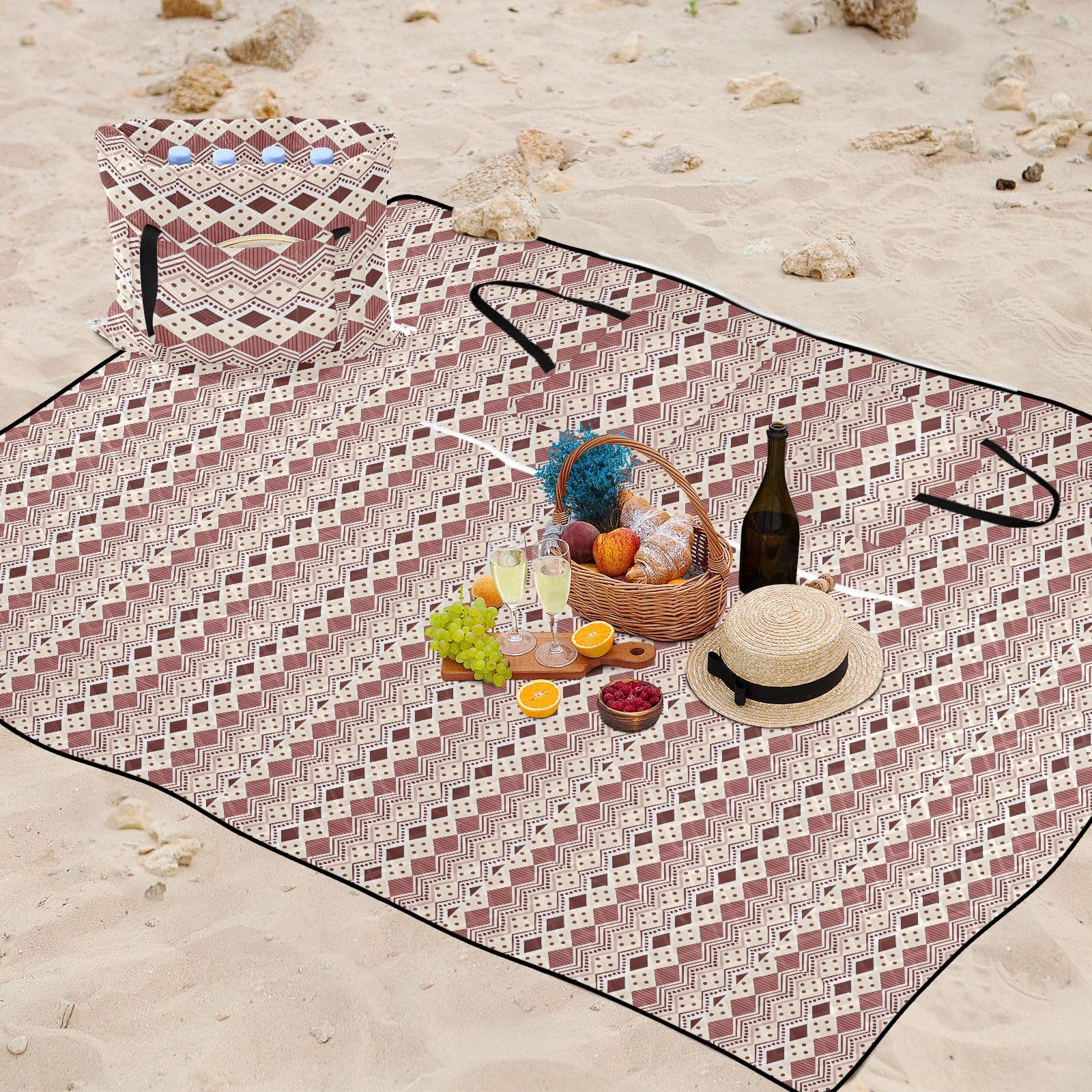 Coperte da picnic impermeabili per interni ed esterni, tappetino da campeggio per adulti, articoli da picnic, stile bohémien, retrò, rosso, caffè, picnic
