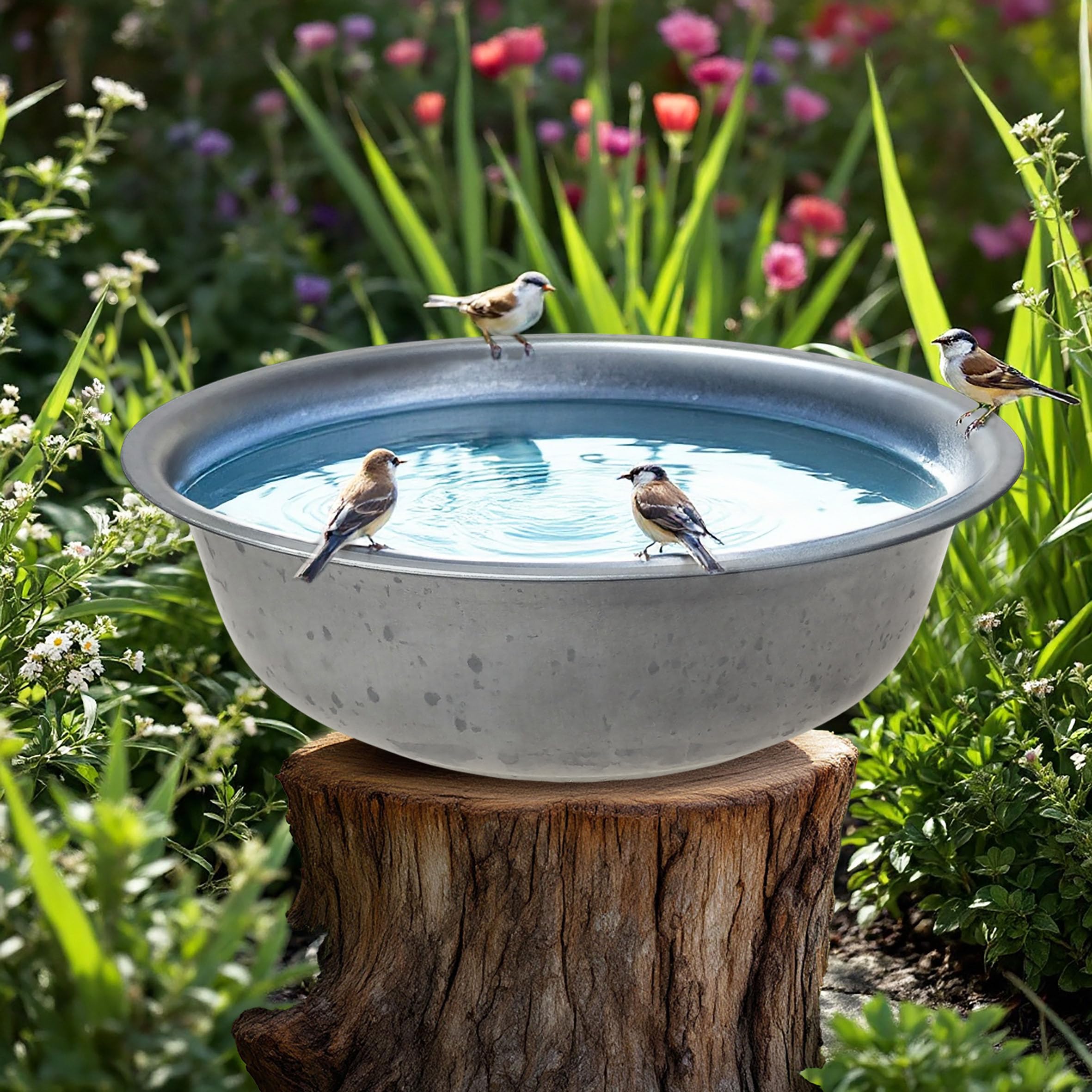Spetebo Mini estanque de jardín redondo plateado - 52 cm - gran maceta de metal para jardín decorativo - estanque ornamental en miniatura para balcón - bandeja de estanque - maceta para plantas