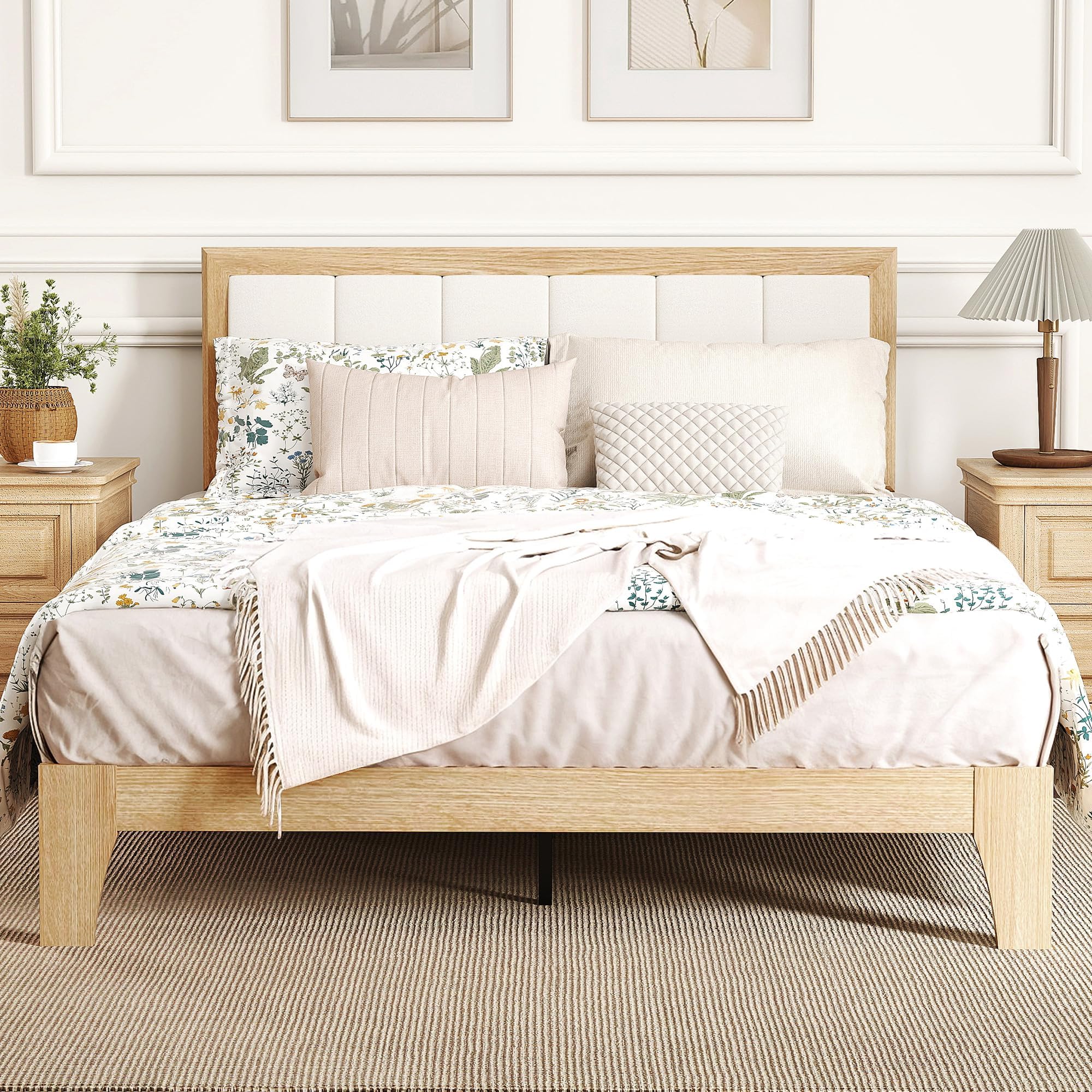 HOMCOM Full Bed Frame Upholstered Headboard Wooden Slats Natural | Platform Bed Frame, No Box Spring Needed, Easy Assembly