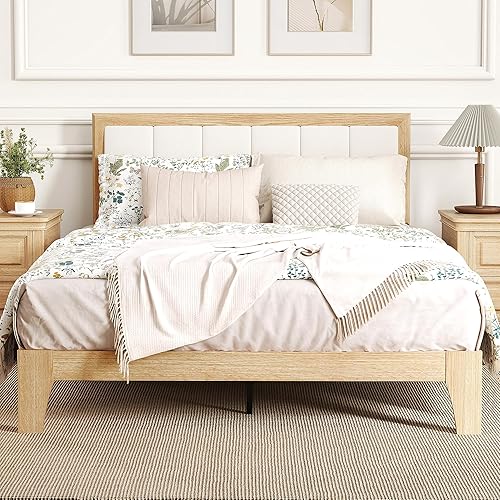HOMCOM Full Size Bed Frame with Upholstered Headboard, Platform Bed Frame with Wooden Slats, No Box Spring Needed, Easy Assembly, Natural