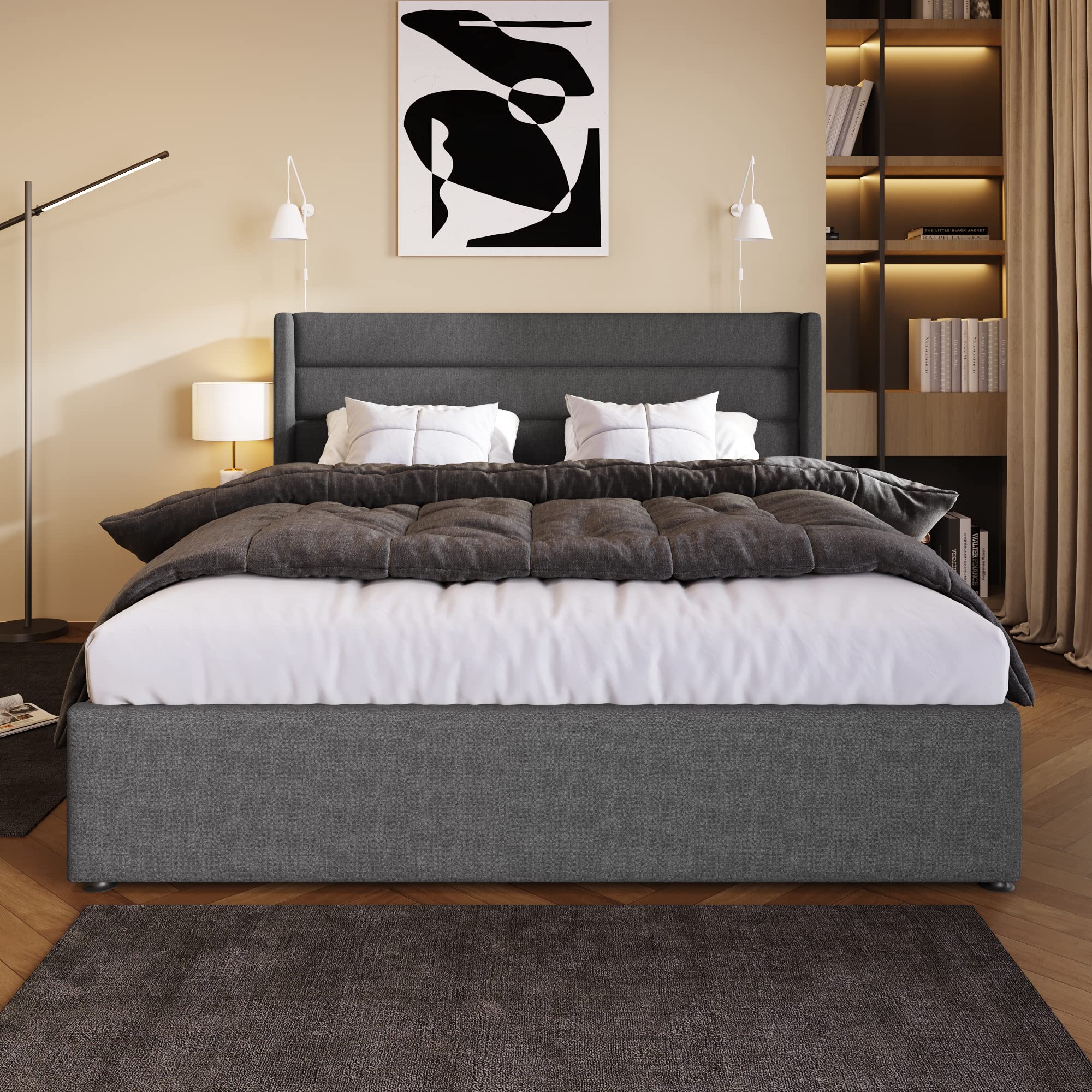 Letto Matrimoniale Imbottito Con Contenitore 160x200 – Struttura In Legno E Cotone, Rete A Doghe, Testata Moderna, Grigio Chiaro – Aprile Idraulico - 5