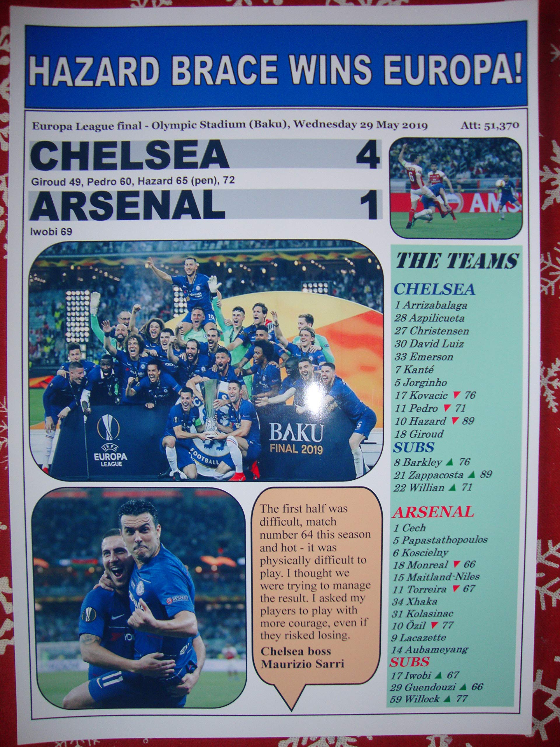 FOXCUP Sports Prints UK Chelsea 4 Arsenal 1-2019 Europa League Final - Souvenir Print