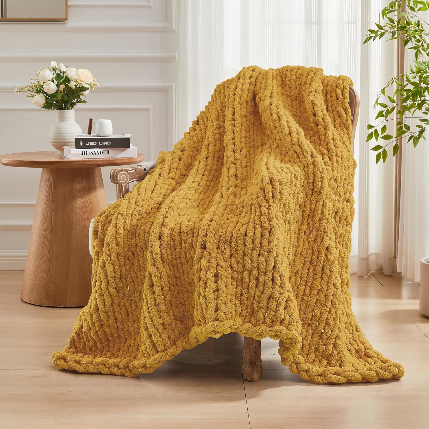 Carriediosa Chunky Knit Throw Blanket 50" X 60", 100% Hand Made Large Chenille Loop Yarn Soft Fluffy Throws for Couch Sofa Bed, Big Crochet Cozy Heavy Thick Cable Woven Blanket, Yellow - Image 8