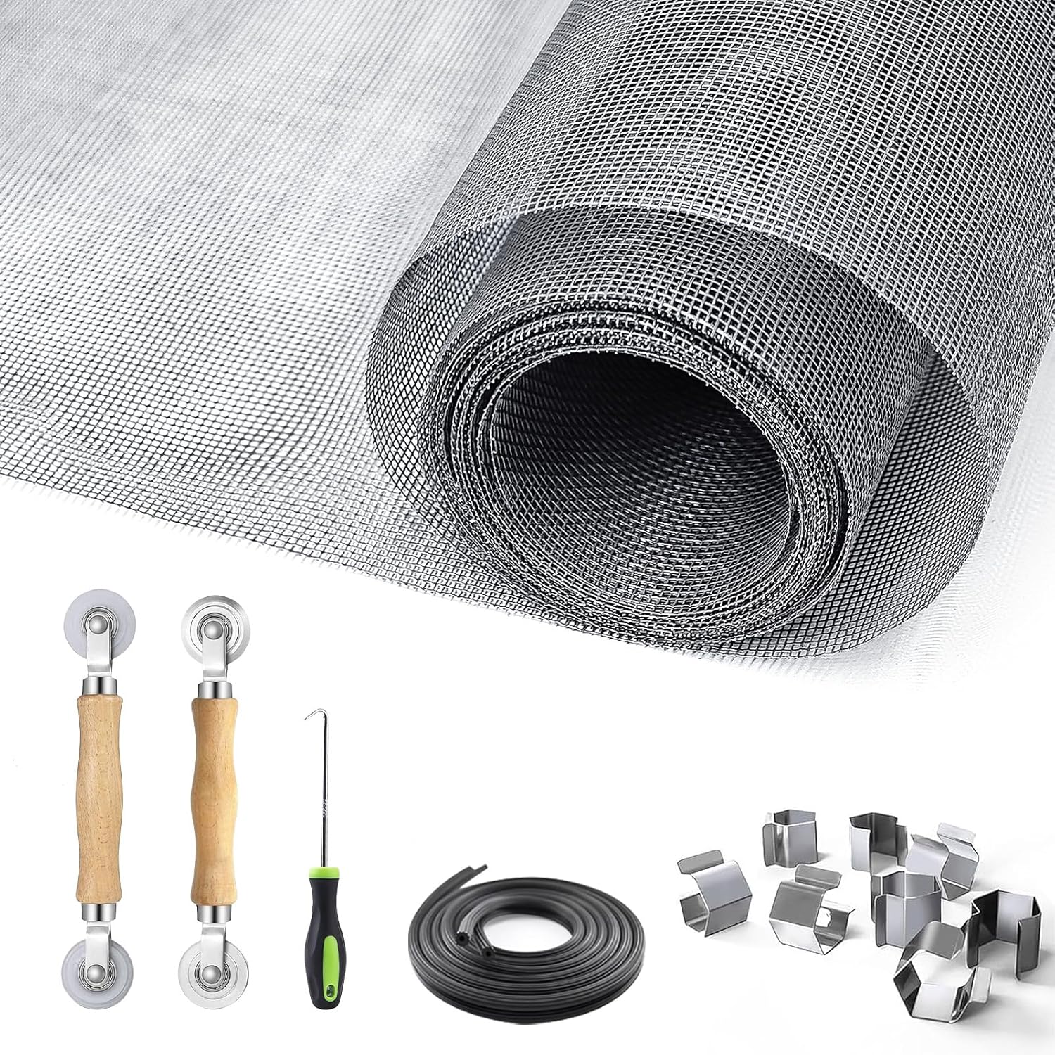 King&Charles Window Screen Door Repair/Replacement Kit, Include Black Screen Mesh 48"x118"+ 2 Roller+50Ft Spline+8Clips+Hook, 6 in 1 Window Mesh Kit, Steel/Nylon Bearing Roller
