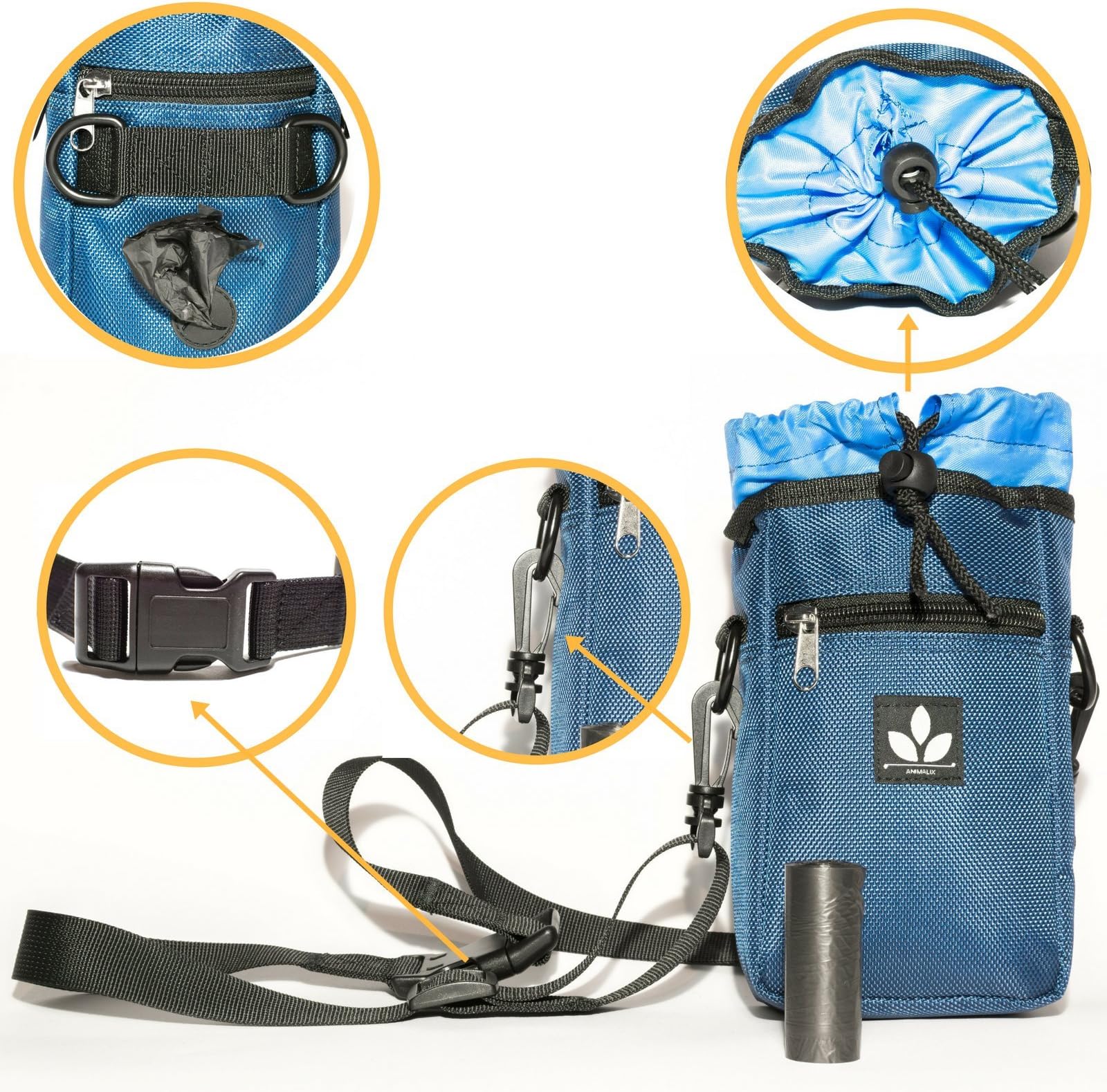 AnimaliX quality product | Dog training treat bag with space for treats, dry food, toys, and more, with adjustable carrying strap + extra integrated waste bags