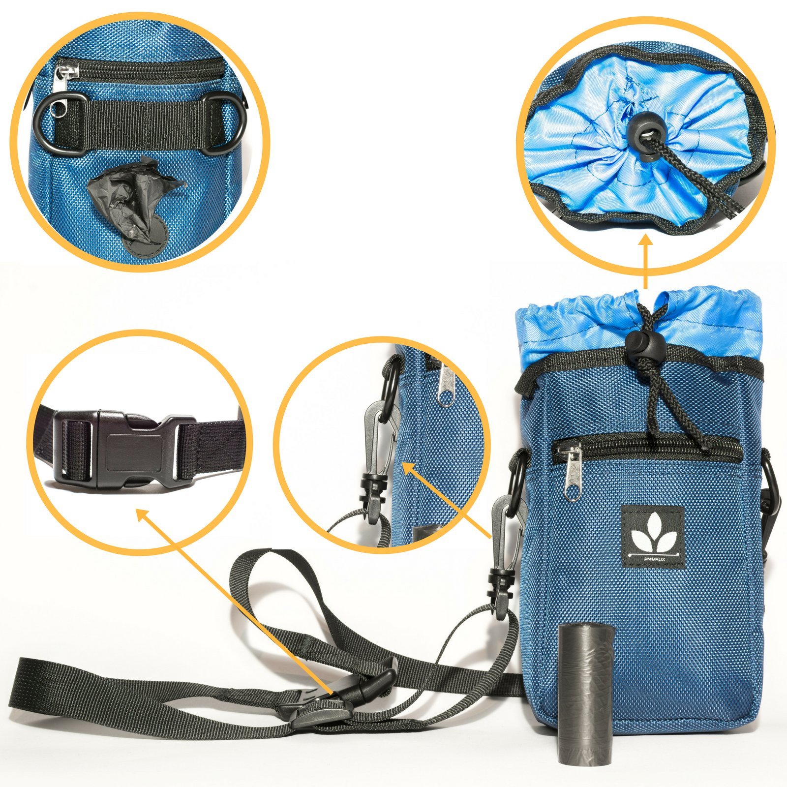 AnimaliX quality product | Dog training treat bag with space for treats, dry food, toys, and more, with adjustable carrying strap + extra integrated waste bags