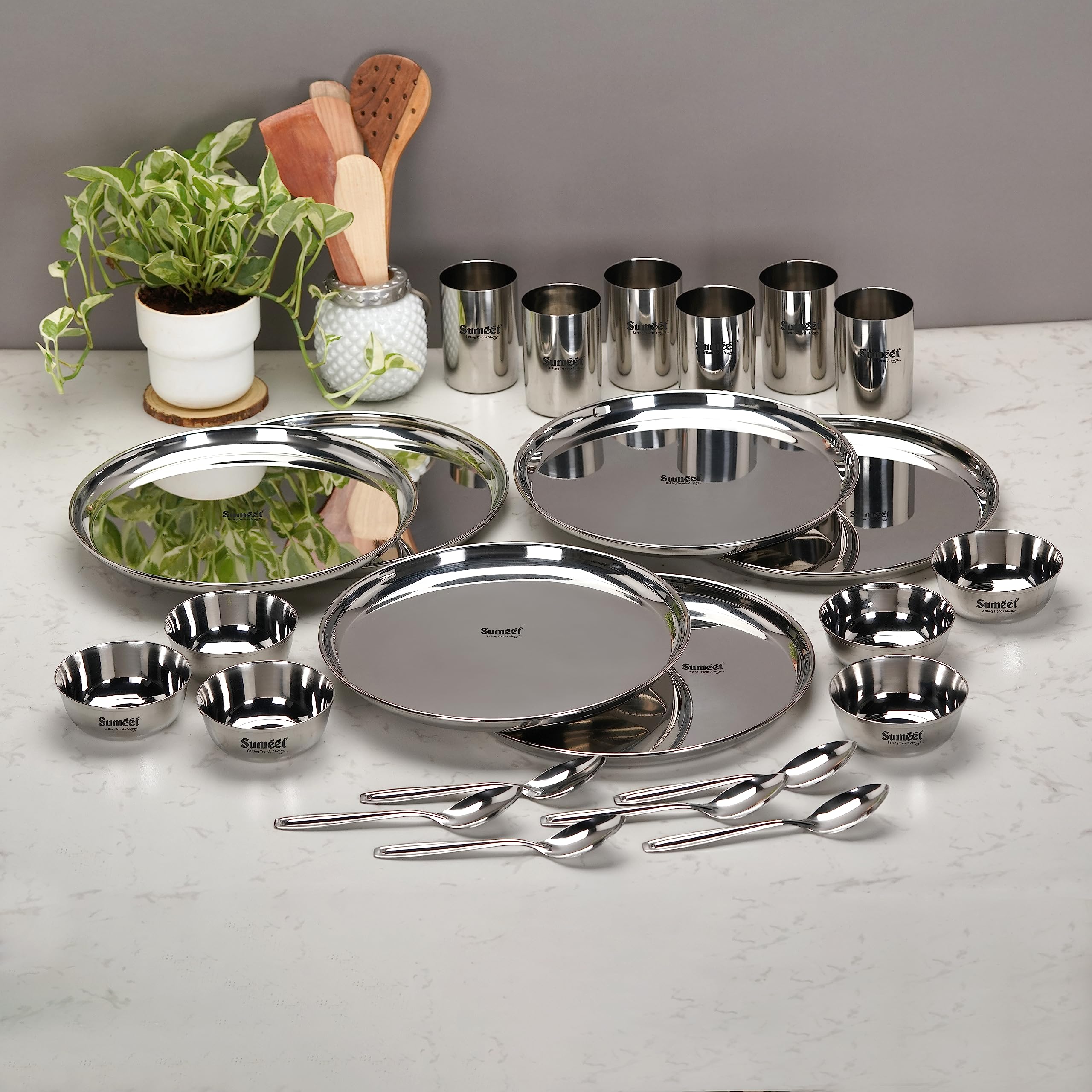 Sumeet Stainless Steel Solid Heavy Gauge Mirror Finish Dinner Set Of 24 Pcs (6 Plate, 6 Bowl/Wati, 6 Glass, 6 Spoon), Silver-image-10