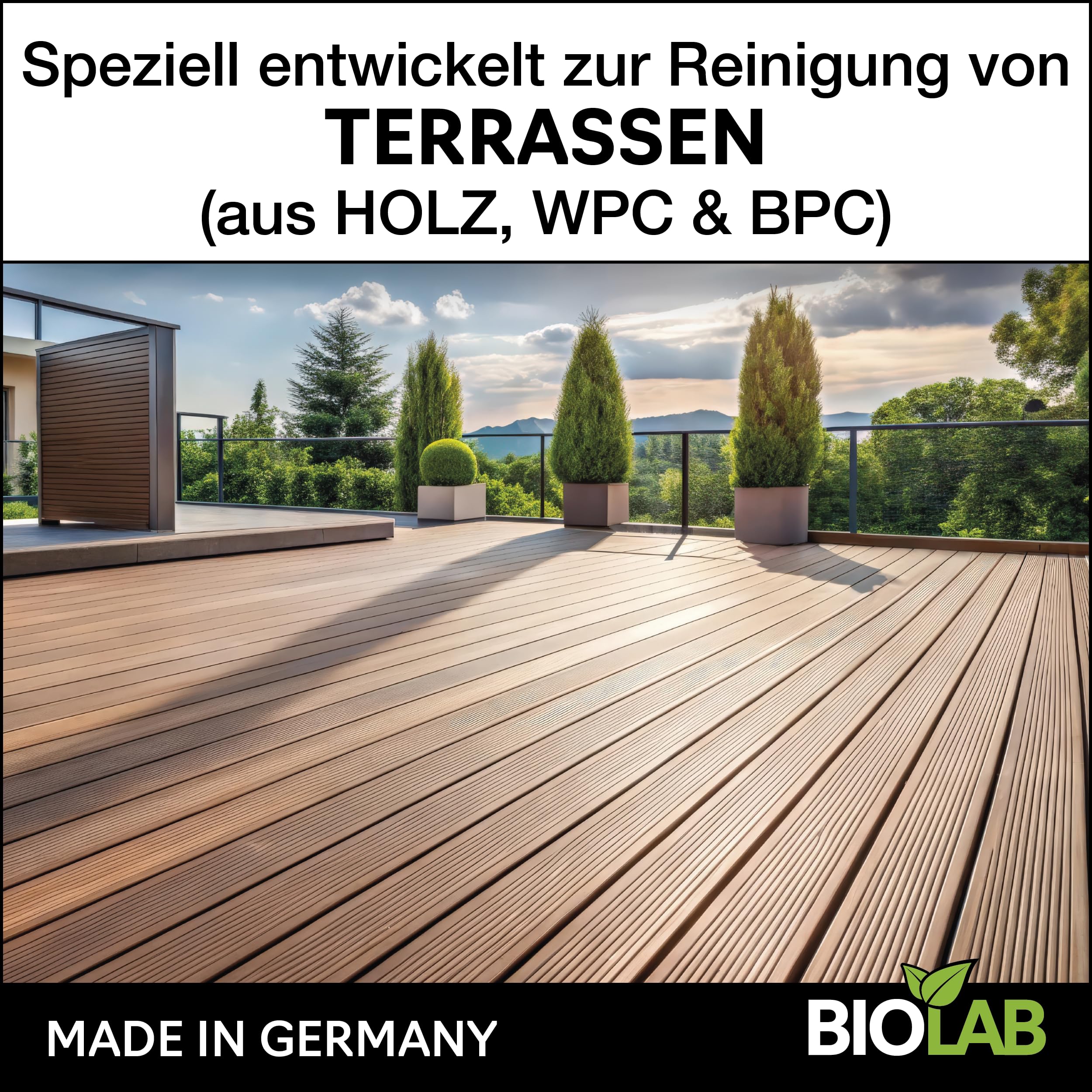 BIOLAB Holz & WPC Terrassen Reiniger Konzentrat 1:20 (2 x 1 Liter) Terrassenreiniger, Holzreiniger, WPC-Reinigungsmittel für den Boden der Terrasse oder Balkon