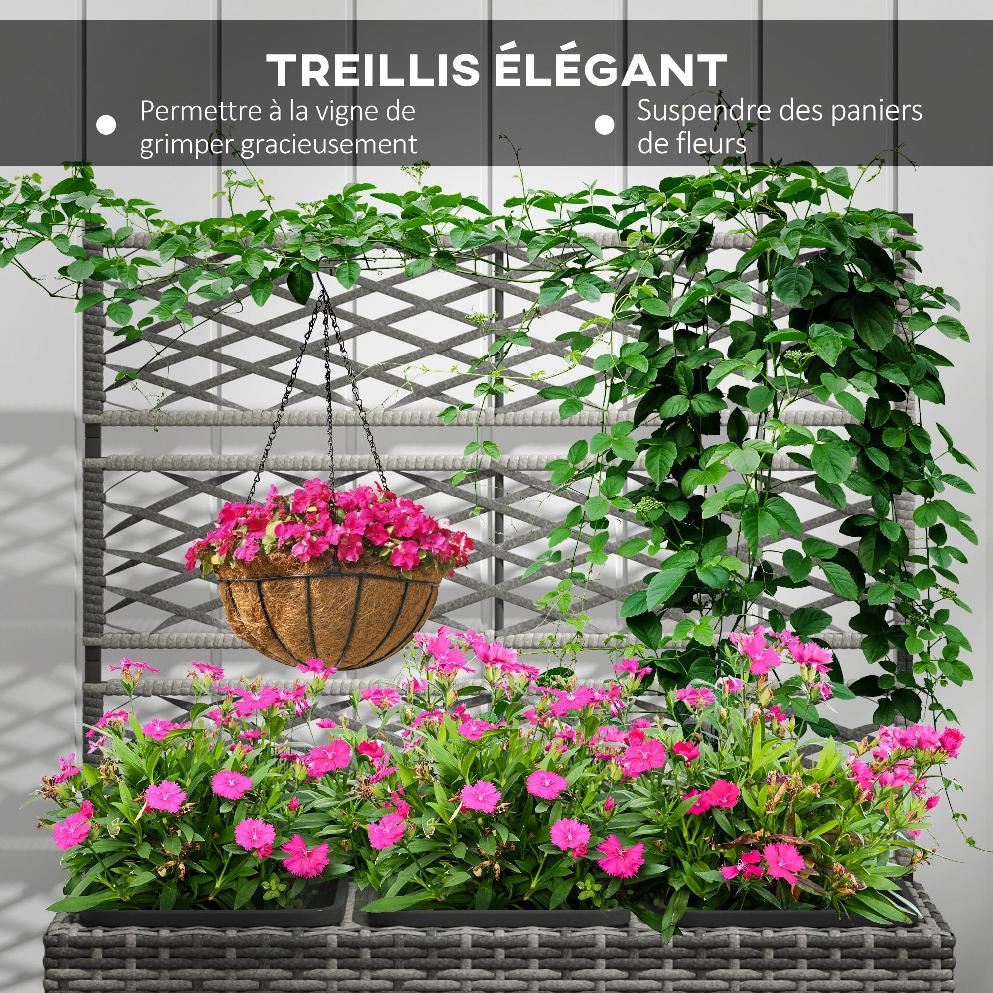 Outsunny Pflanzkübel mit Rankgitter 3 Töpfe, Pflanzgefäß, 33 l, Garten, Balkon, Terrasse, Außenbereich, aus Polyrattan und Stahl, 84 x 30 x 107 cm, Grau/Schwarz