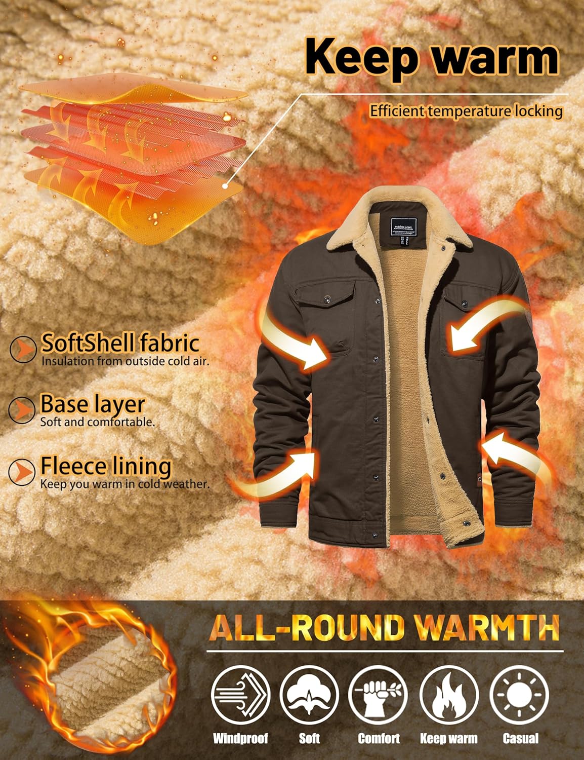 TACVASEN Men's Winter Jacket Sherpa Fleece Lined Cargo Coat Warm Thick Trucker Jacket with Multi Pockets - Image 3