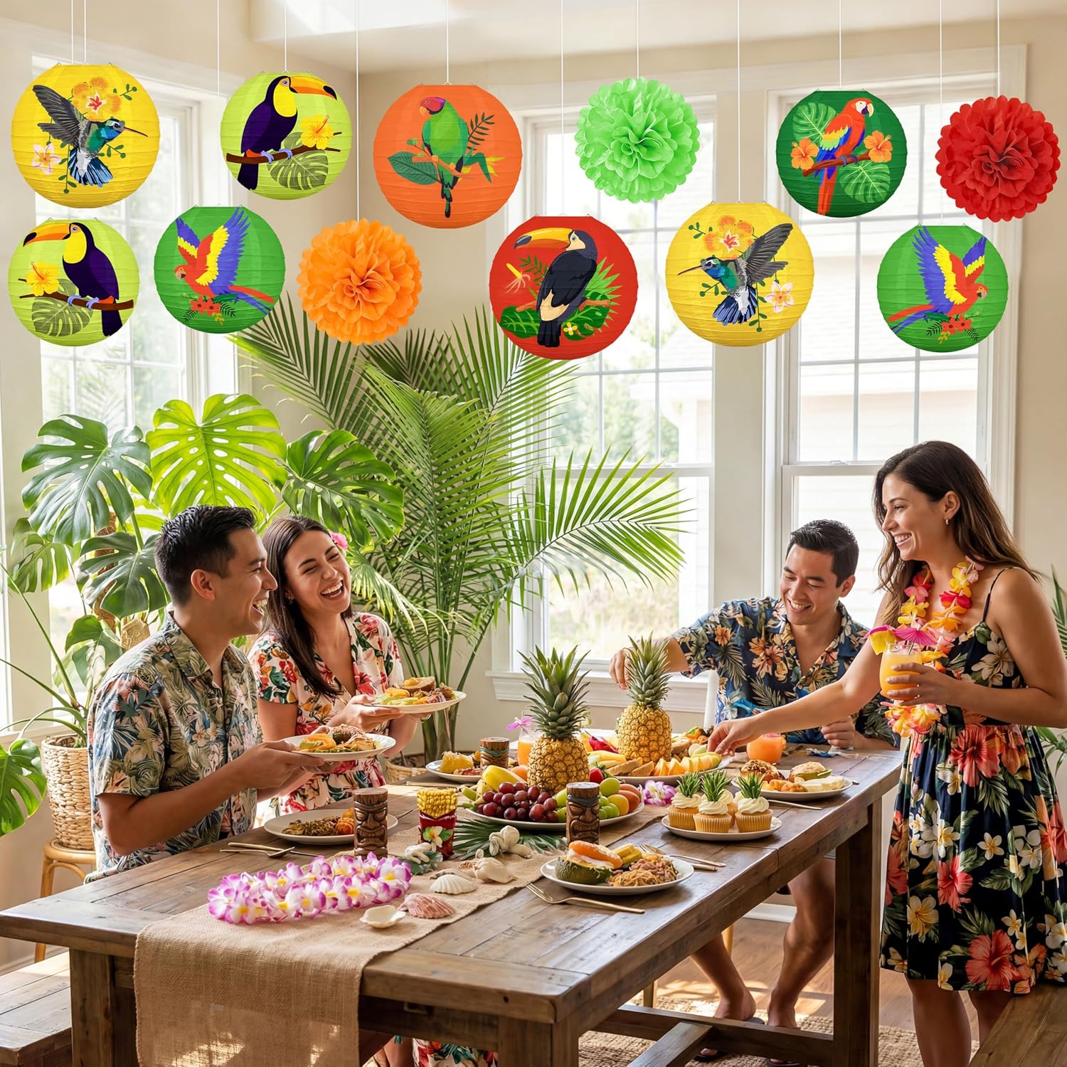 12PCS Hawaiian Tropical Birds Party Decorations, Luau Paper Hanging Lanterns Hawaii Summer Pom Pom Decor for Home Birthday Ceiling Outdoor Indoor Supplies