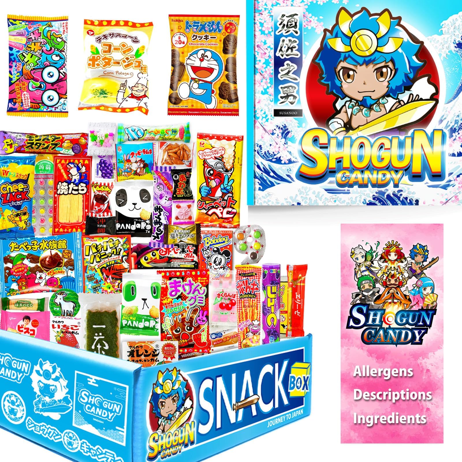 SHOGUN CANDY, 40 Pcs Japanese Snacks and Japanese Candy, Popin Cookin Japanese Snack Box, Kawaii Dagashi Box, (SUSANOO Mystery BOX)