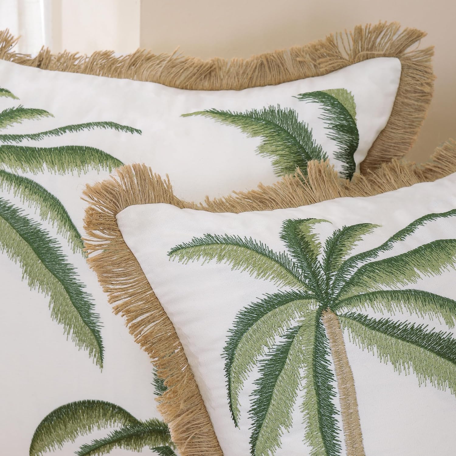 Tosleo Green Palm Trees Embroidered Throw Pillow Covers 18x18 inch Pack of 2 with Flax Fringe Cotton Boho Pillow Cushion Cases Farmhouse Decor Square Pillowcases for Spring Summer Sofa Couch Bedroom