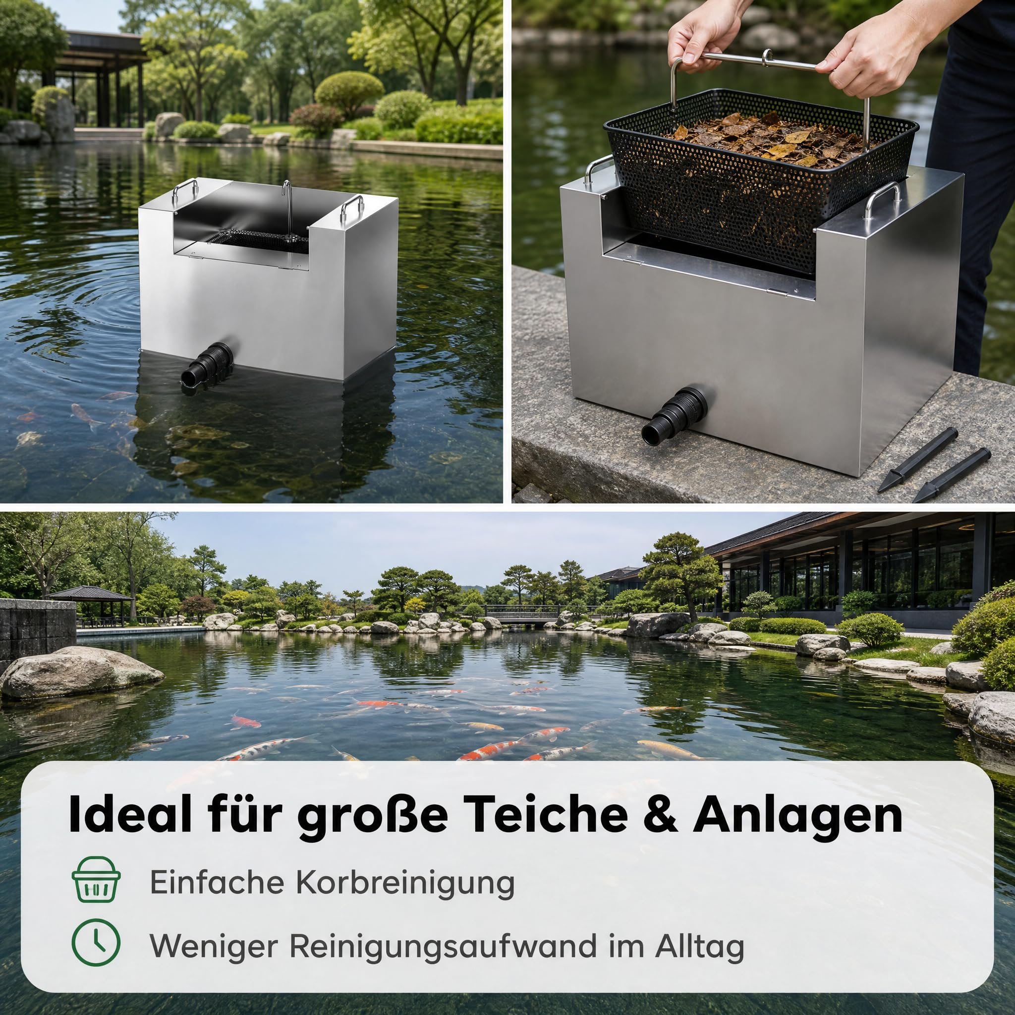 AquaOne Teichskimmer CSP-16000, schwimmender Oberflächenskimmer für Teiche & Koiteiche, integrierte 20.000 l/h Pumpe, großer 20–22 l Filterkorb, Edelstahlgehäuse