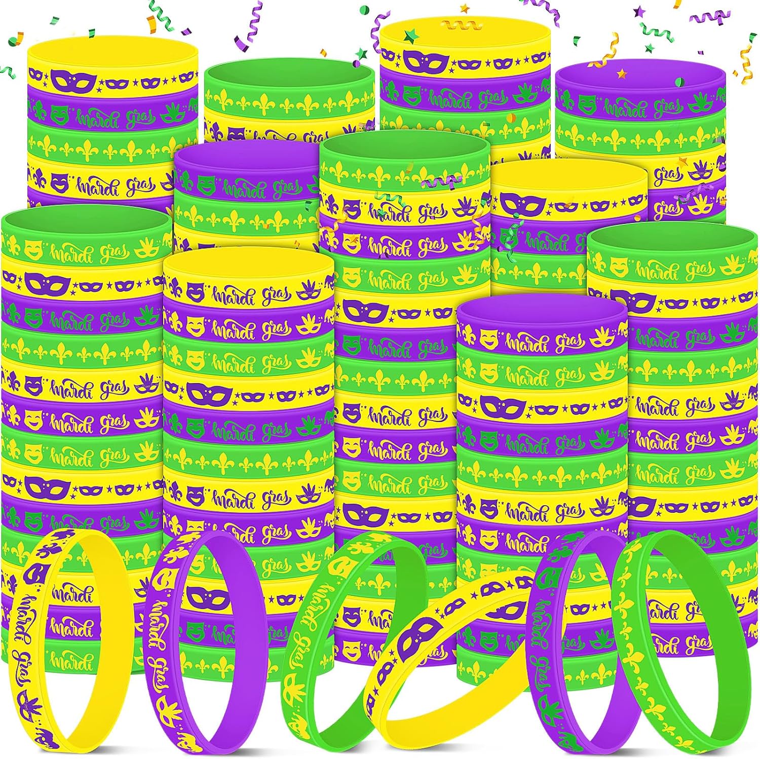 Qilery 300 Pieces Mardi Gras Rubber Bracelet Bulk Carnival Silicone Wristband Party Favors Stretch Silicone Bracelets Events Team Party Birthday Decorations Gift Favor Supply