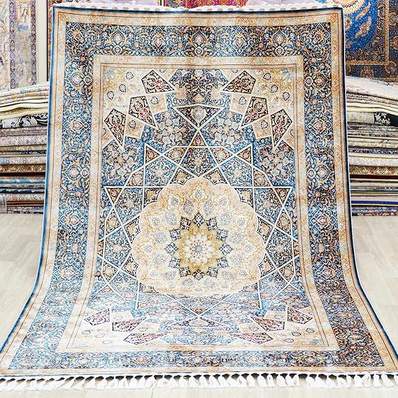 Yuchen Carpet Hand Knotted Rug 5.5x8 ft Green Handmade Vintage Antique Medallion Oriental Silk Rug for Bedroom