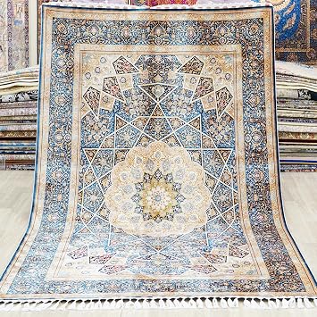Yuchen Carpet Hand Knotted Rug 5.5x8 ft Green Handmade Vintage Antique Medallion Oriental Silk Rug for Bedroom