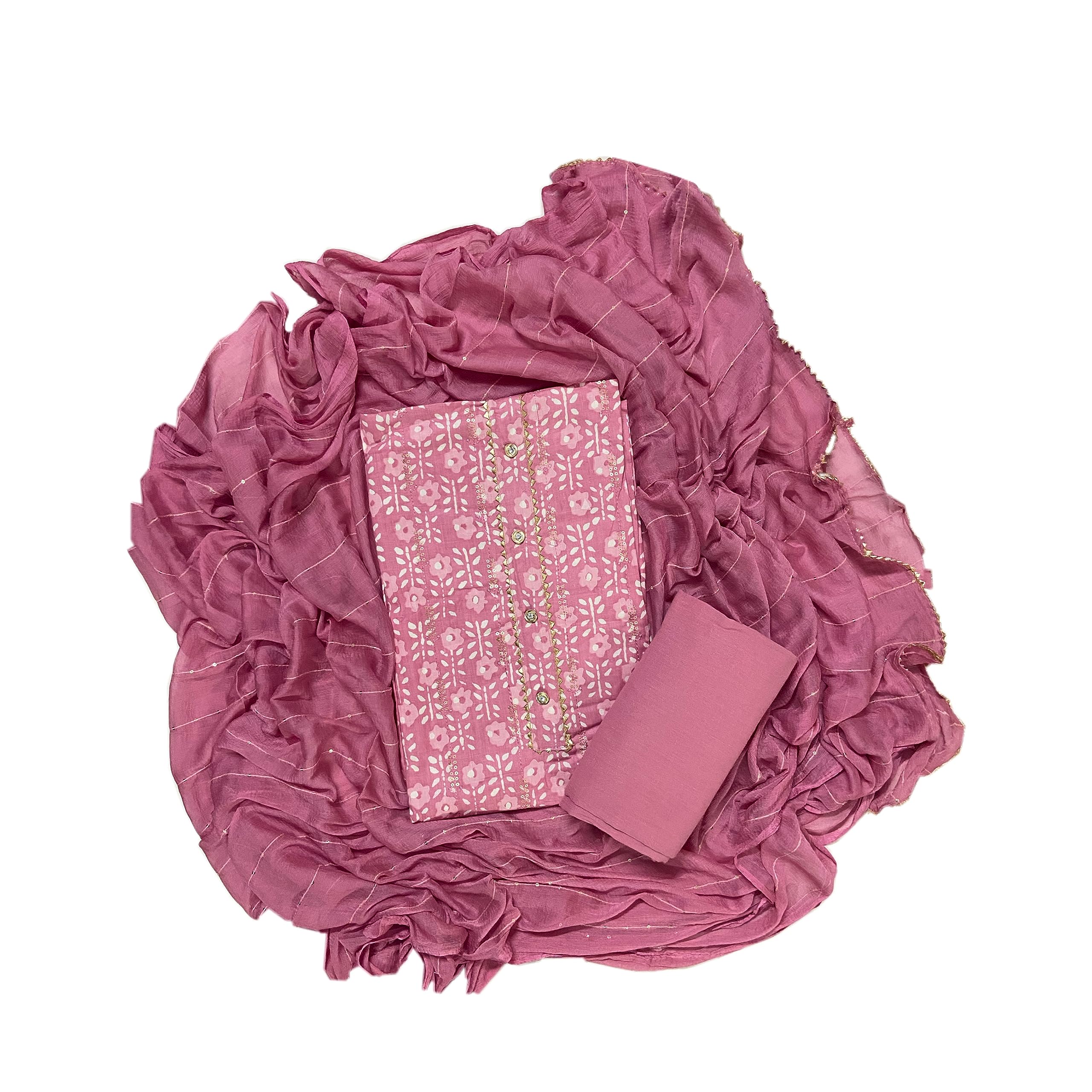 EJSWomen's Pure Cotton Printed With Sequins Work Unstitched Salwar Suit Dress Material With Chiffon Sequins Work Dupatta(Free Size), Pink, Free Size