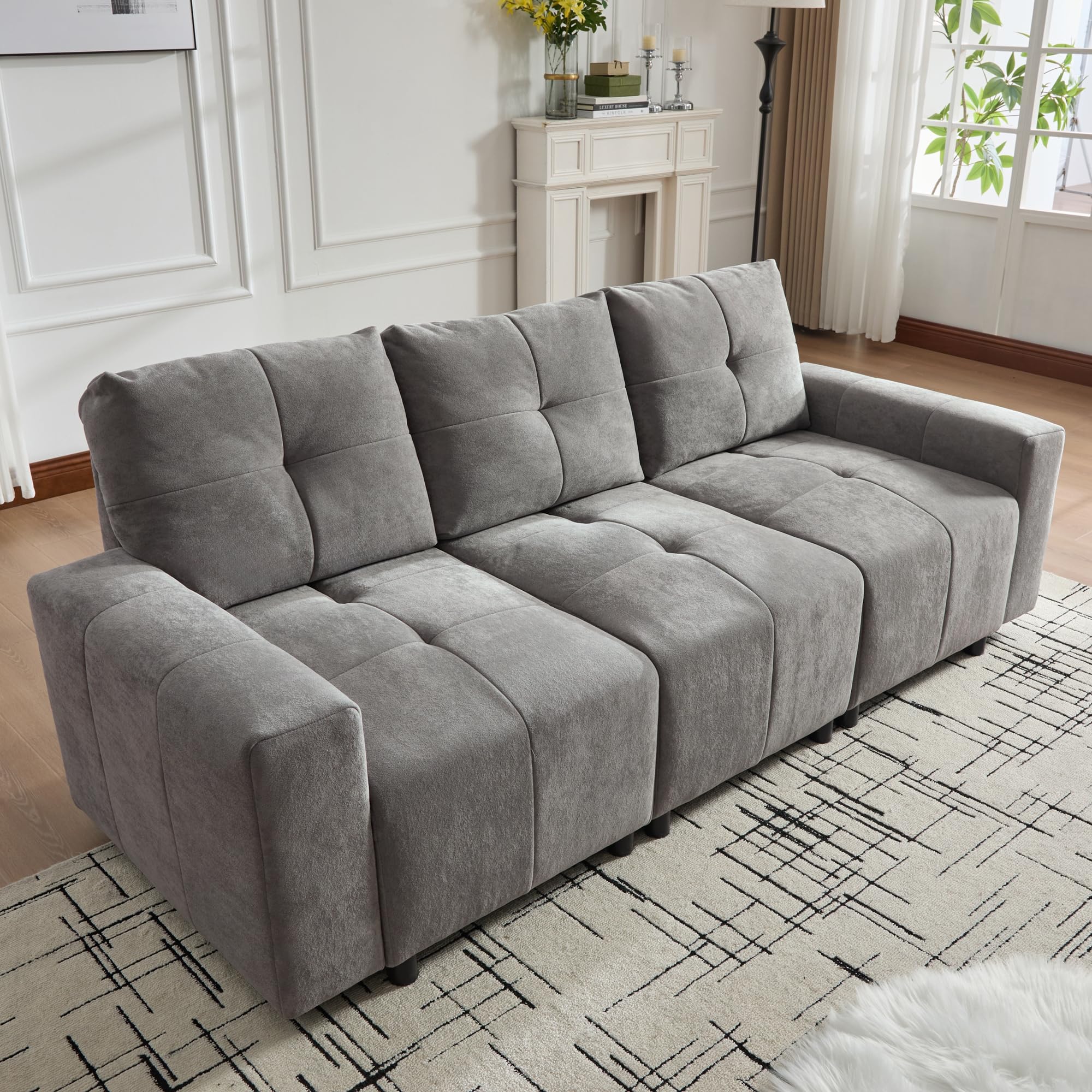 Merax 3-Sitzer Schlafsofa mit Verstellbarer Sitztiefe, multifunktionales Sofa mit Liegefläche & Gästebett, Chenille-Stoff, robuster Massivholzrahmen, gerades Kompaktdesign, Grau