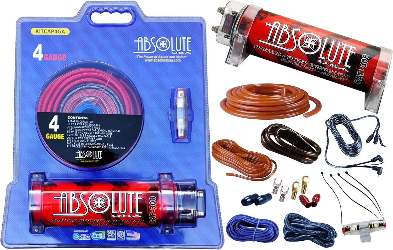 Absolute USA KITCAP4GARD 3.0 Farad Power Capacitor 4 Gauge Car Amplifier Installation Wiring Complete Kit (Red)
