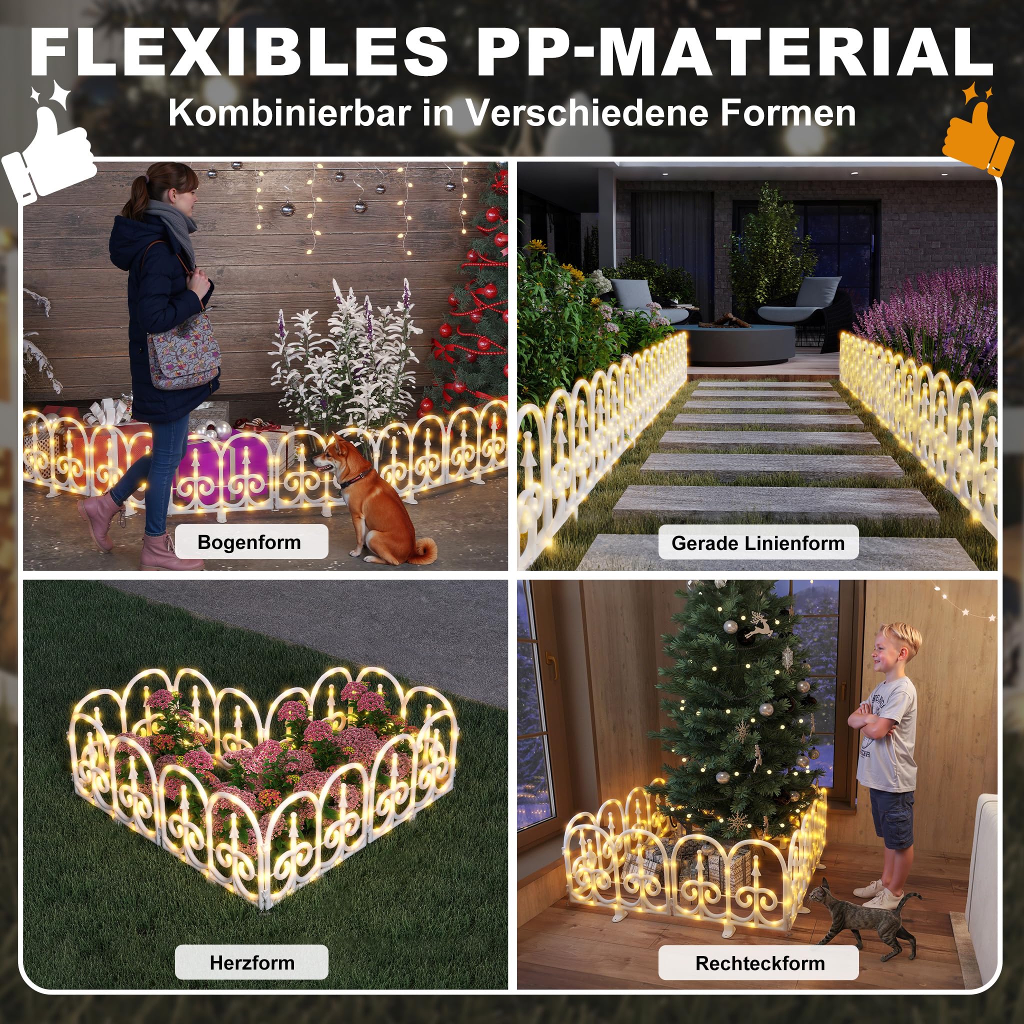 YRHome Płot pod choinkę LED, łukowaty, 3,75 m, 10 sztuk, ogrodzenie z tworzywa sztucznego, płot choinkowy, ciepła biel, dekoracja bożonarodzeniowa, lampa, 8 trybów, wodoszczelność IP44, dla zwierząt