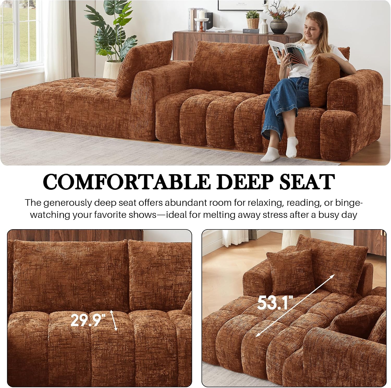 108.3" Modular Sectional Sofa Cloud Boneless Couch for Living Room Convertible L-Shape Sofa Couch with Chaise Modern Modular Sofa for Bedroom,No Assembly Required (Right-Facing Chaise,Orange)