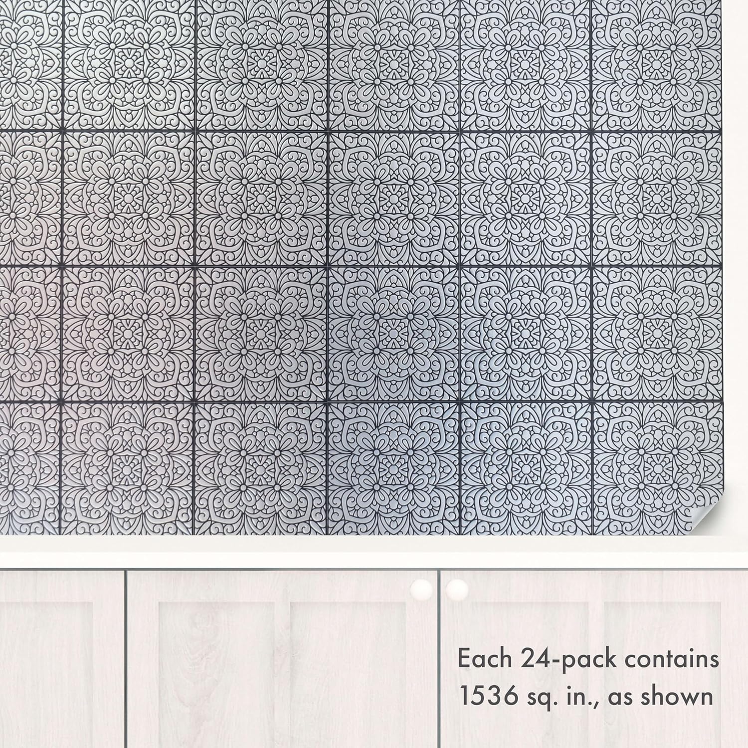 Main Street – 24-Pack of 8 x8 Peel and Stick Backsplash Wallpaper Tiles – Removable Self Adhesive Wall Tile for Kitchen, Renter-Friendly for Your Home and DIY Projects (Silver Inked Garden)