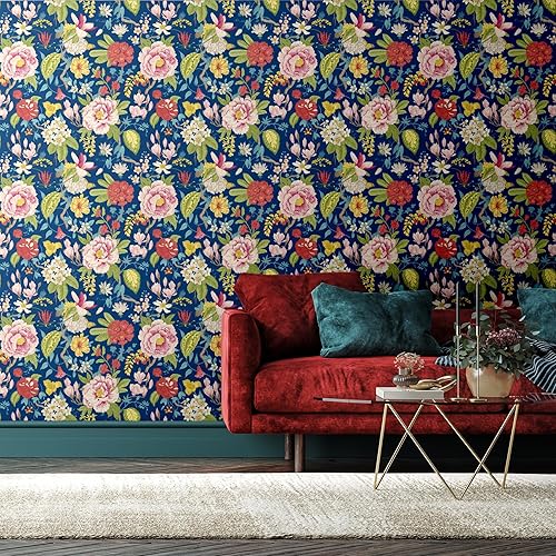 Miniatura 2 de Blooming Wall DPYB30 - Papel tapiz autoadhesivo, diseño de maganolia retro sobre fondo azul, extraíble, autoadhesivo, 14.5 pies cuadradosrollo