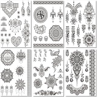 Mandala Flower Temporary Tattoo For Women, Black Large Indian Tribal Henna Fake Tattoo Sticker Adult Girl Arm Hand Leg, Bohemia Lotus Sexy Temp Tatoo Back Waist Thigh Body Art Makeup, 6-Sheet