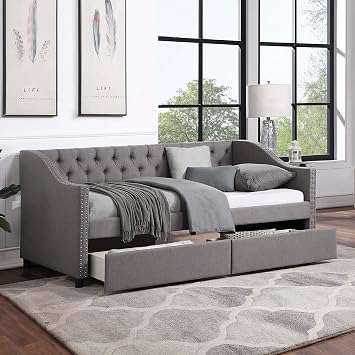 سرير نهاري منجد مزدوج مع درجين ، إطار سرير من الخشب الصلب مع زر معنقدة و Nailtrim على الأسلحة ، لا حاجة لربيع مربع ، رمادي