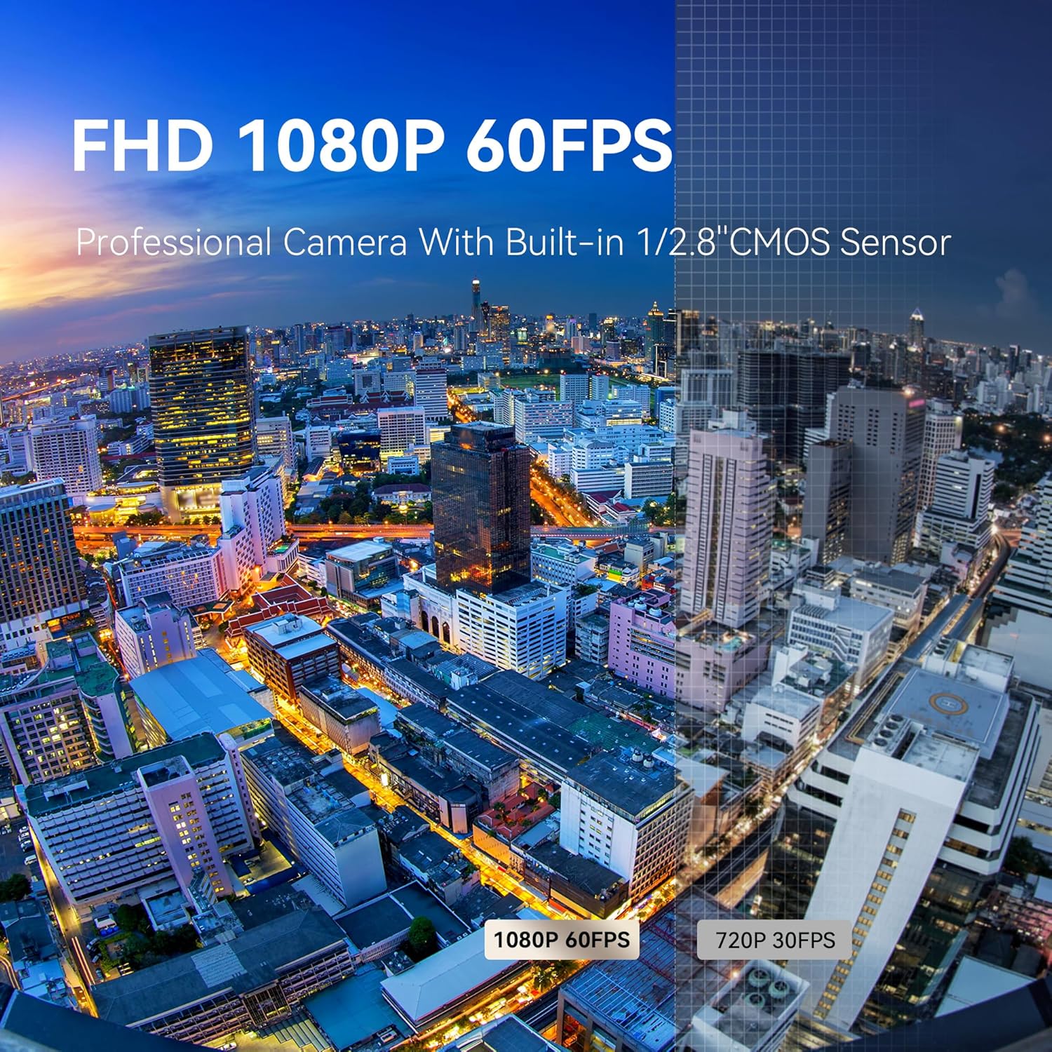 An image comparing 1080P 60FPS video quality with 720P 30FPS, showing a cityscape with enhanced clarity at 1080P 60FPS.