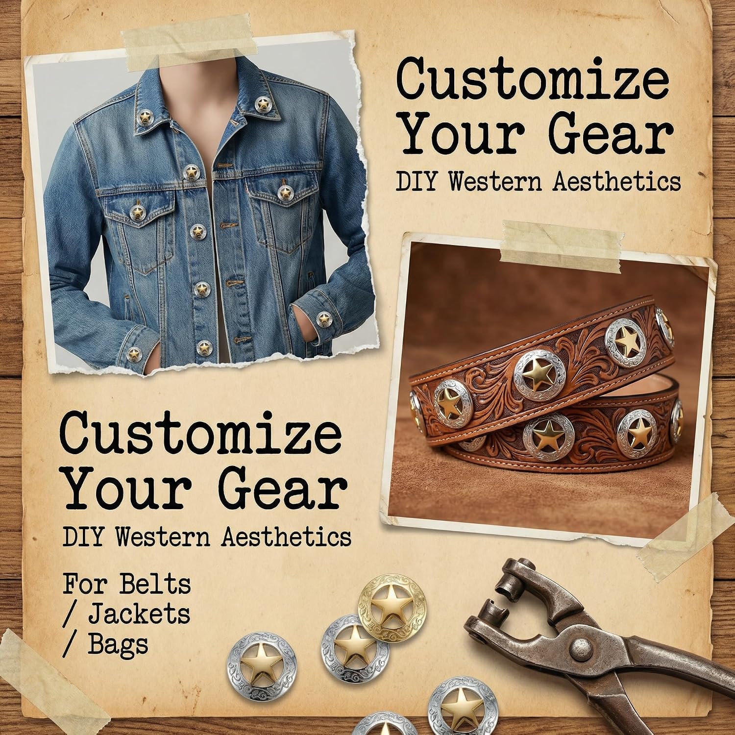 OKKRMGZ 5Pcs Conchos for Leather Crafts Silver Engraved Star Western Saddle Buttons with Screws Gold Tone Star Button Accessories for Belts Bags Hats