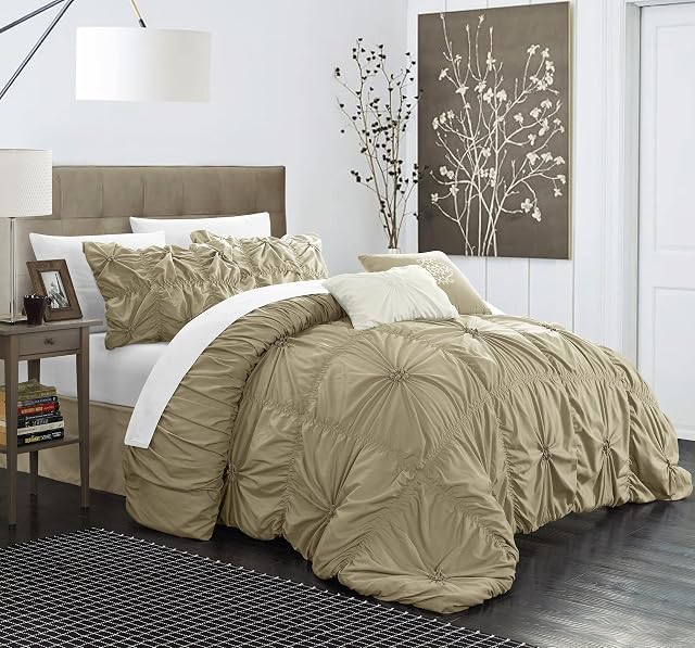 Chic Home Halpert 6 Piece Comforter Set Floral Pinch Pleated Ruffled Designer Embellished Bed Skirt and Decorative Pillows Shams Included, King, Taupe