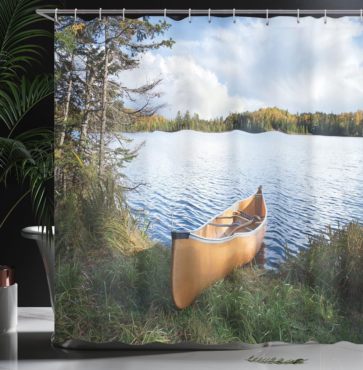 Ambesonne USA Shower Curtain, Canoe on The Shore of a Northern Minnesota Lake During Autumn Relaxation Vacation Time, Cloth Fabric Bathroom Decor Set with Hooks, 69" W x 70" L, Multicolor