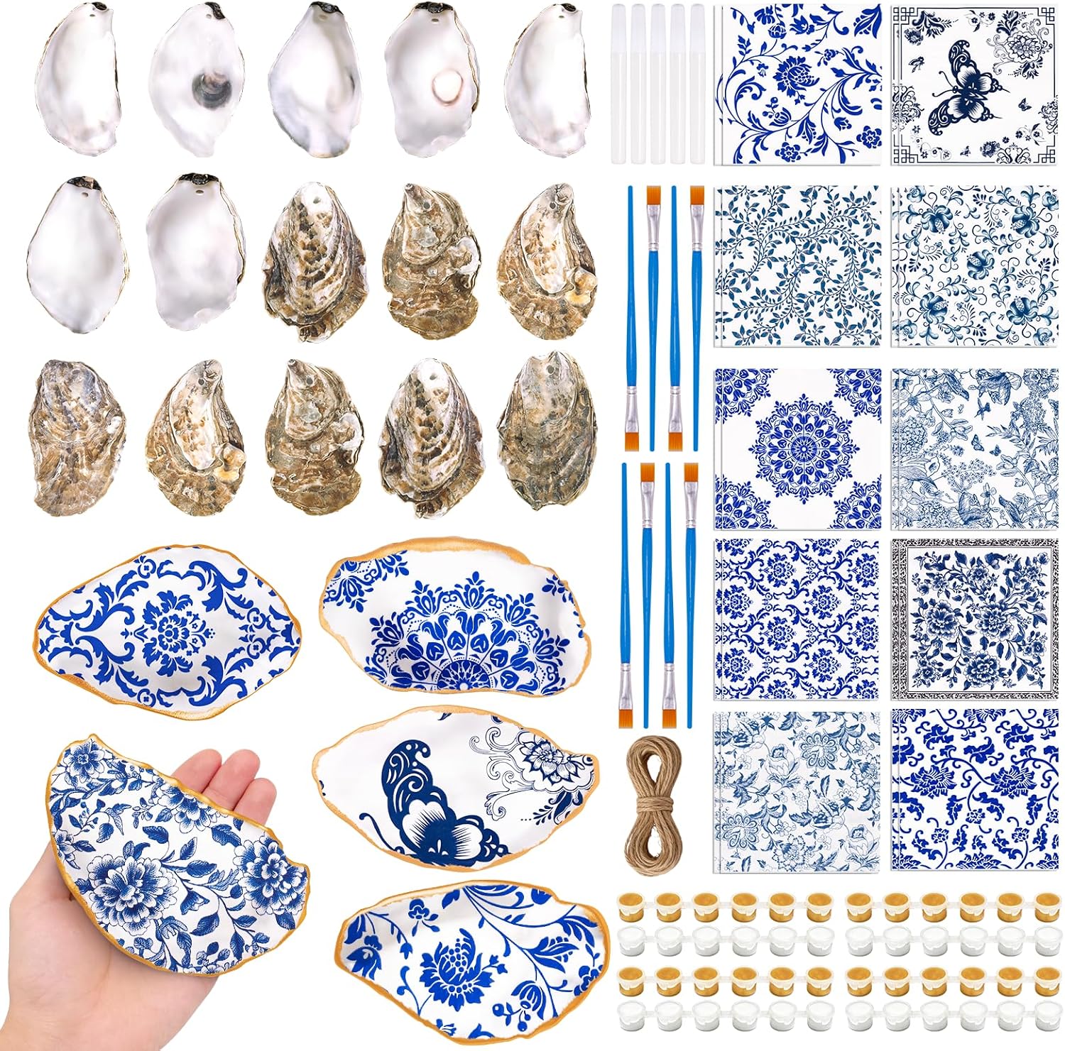 20 Set Oyster Shells for Crafts, 4"-6" Natural Flat Oyster Shells with Chinoiserie Floral Decoupage Napkin Jute Rope Glue Paints Brushs for DIY Crafting Furniture Decor Birthday Party - Blue and White